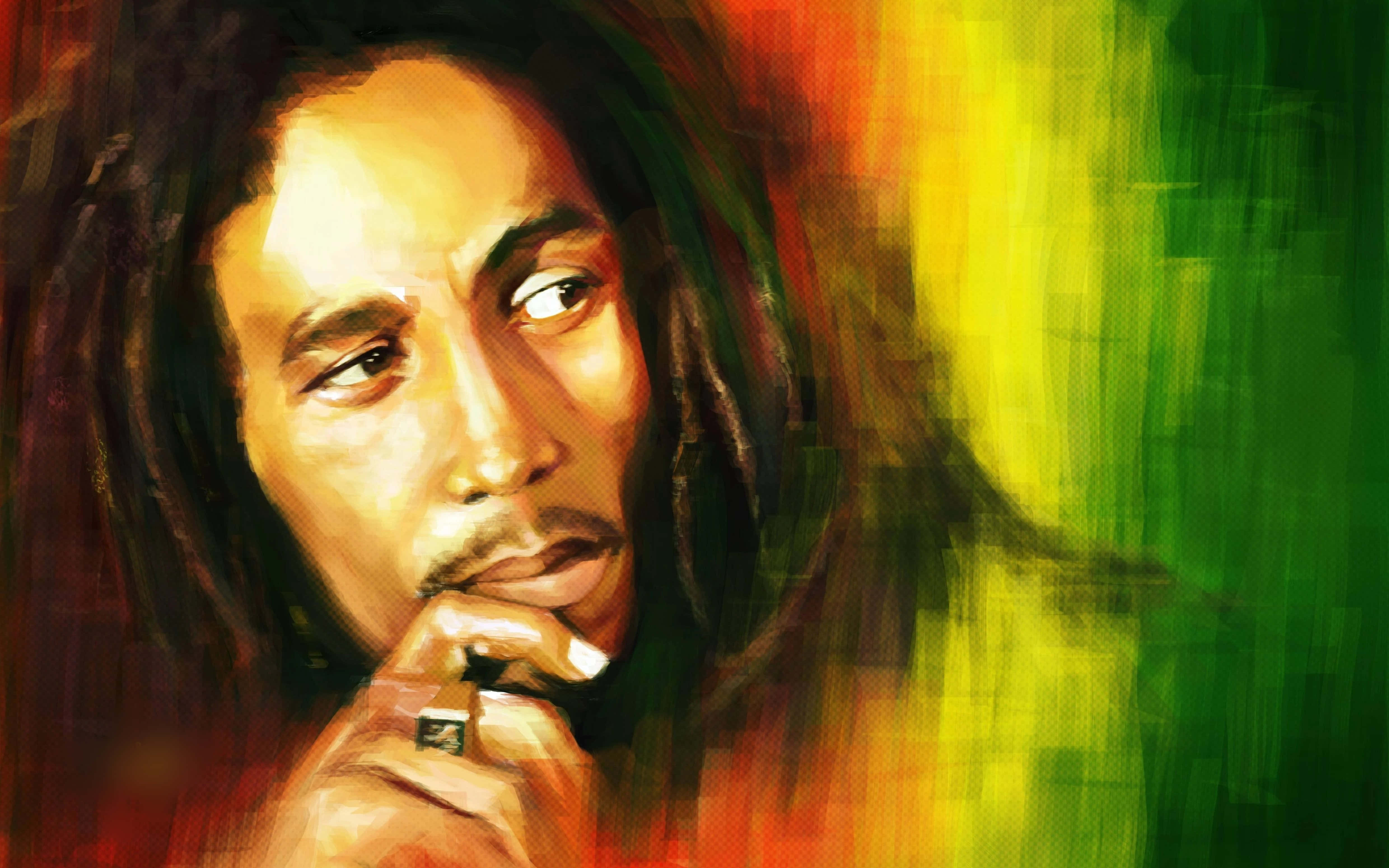 Bob Marley 桌布 壁紙 — 一幅充滿活力的油畫肖像，描繪了 Bob Marley 的辮子頭和沉思表情，背景是色彩繽紛的抽象圖案。