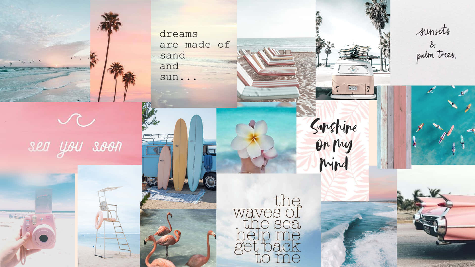 Collage Aesthetic Summer Laptop 桌布 壁紙 — 一幅充滿活力的海灘場景拼貼畫，包含棕櫚樹、衝浪板、粉紅色廂型車和海洋波浪，背景是粉彩天空。