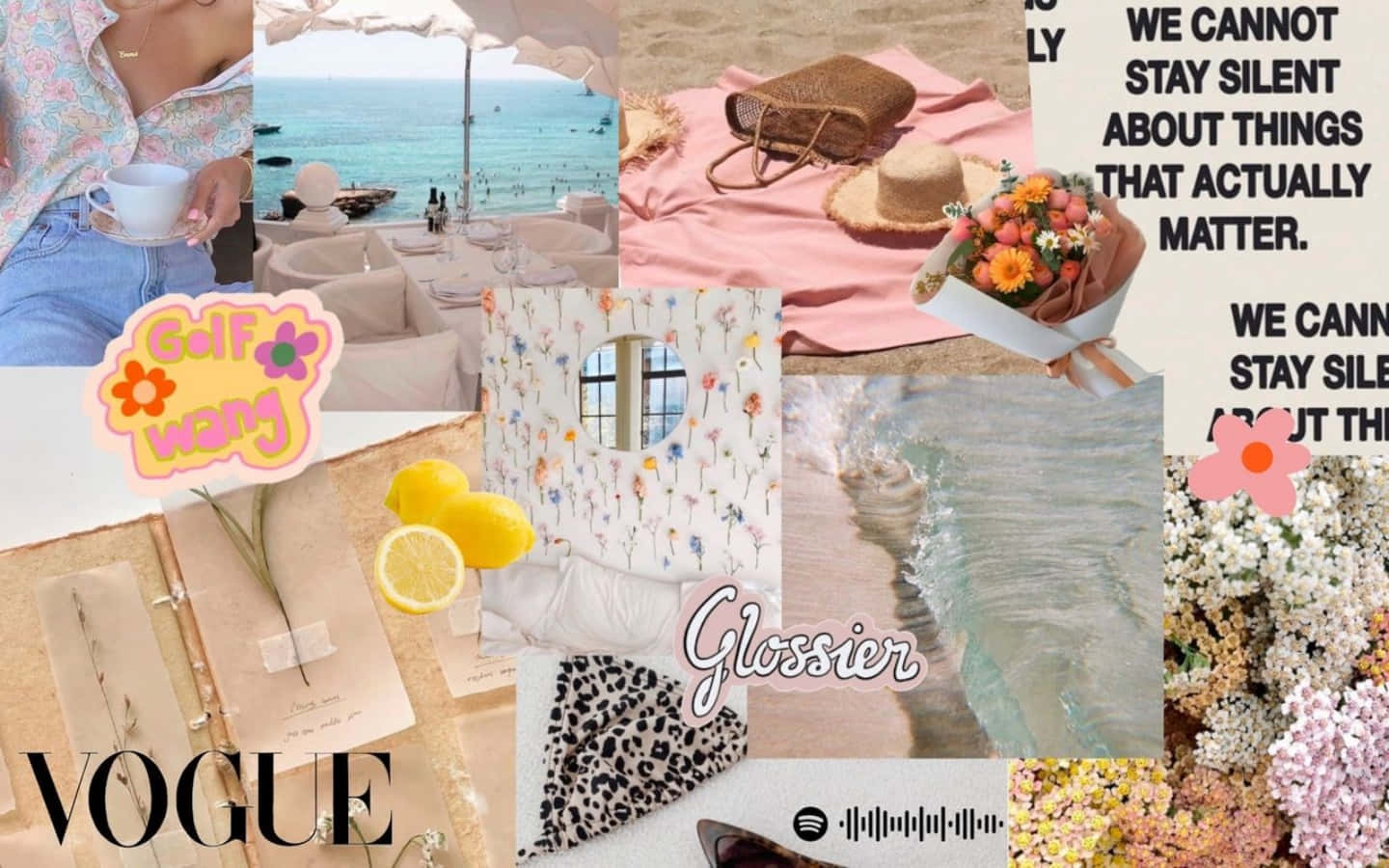 Collage Aesthetic Summer Laptop 桌布 壁紙 — 一幅充滿活力的海灘生活風格時刻拼貼畫， featuring 柔和色調、花卉圖案以及 Vogue 和 Glossier 等品牌元素。
