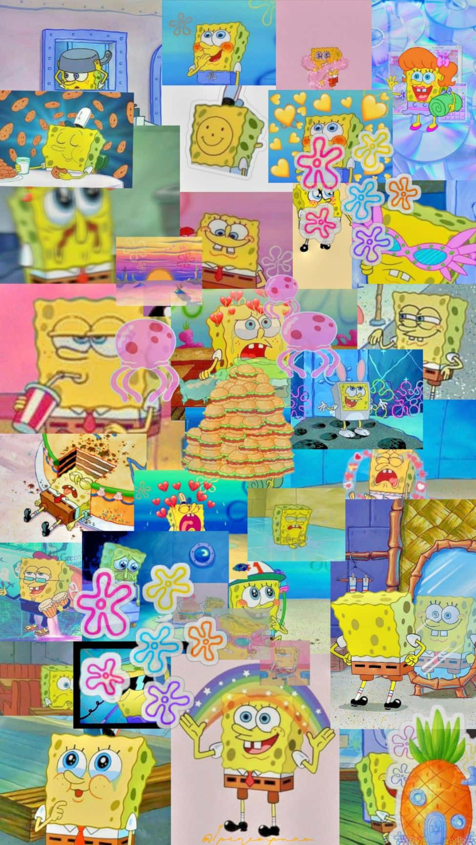 Aesthetic Spongebob 桌布 壁紙 — 一幅充滿活力的海綿寶寶拼貼畫，展現他在各種色彩繽紛的背景中擺出歡樂姿勢和場景。
