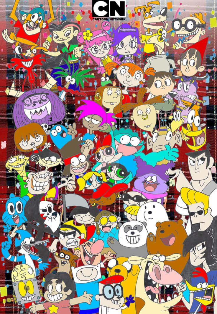 卡通頻道 桌布 壁紙 — 一幅充滿活力的混亂拼貼畫，描繪了卡通頻道角色在紅色格子背景上迸發出豐富多彩的表情。