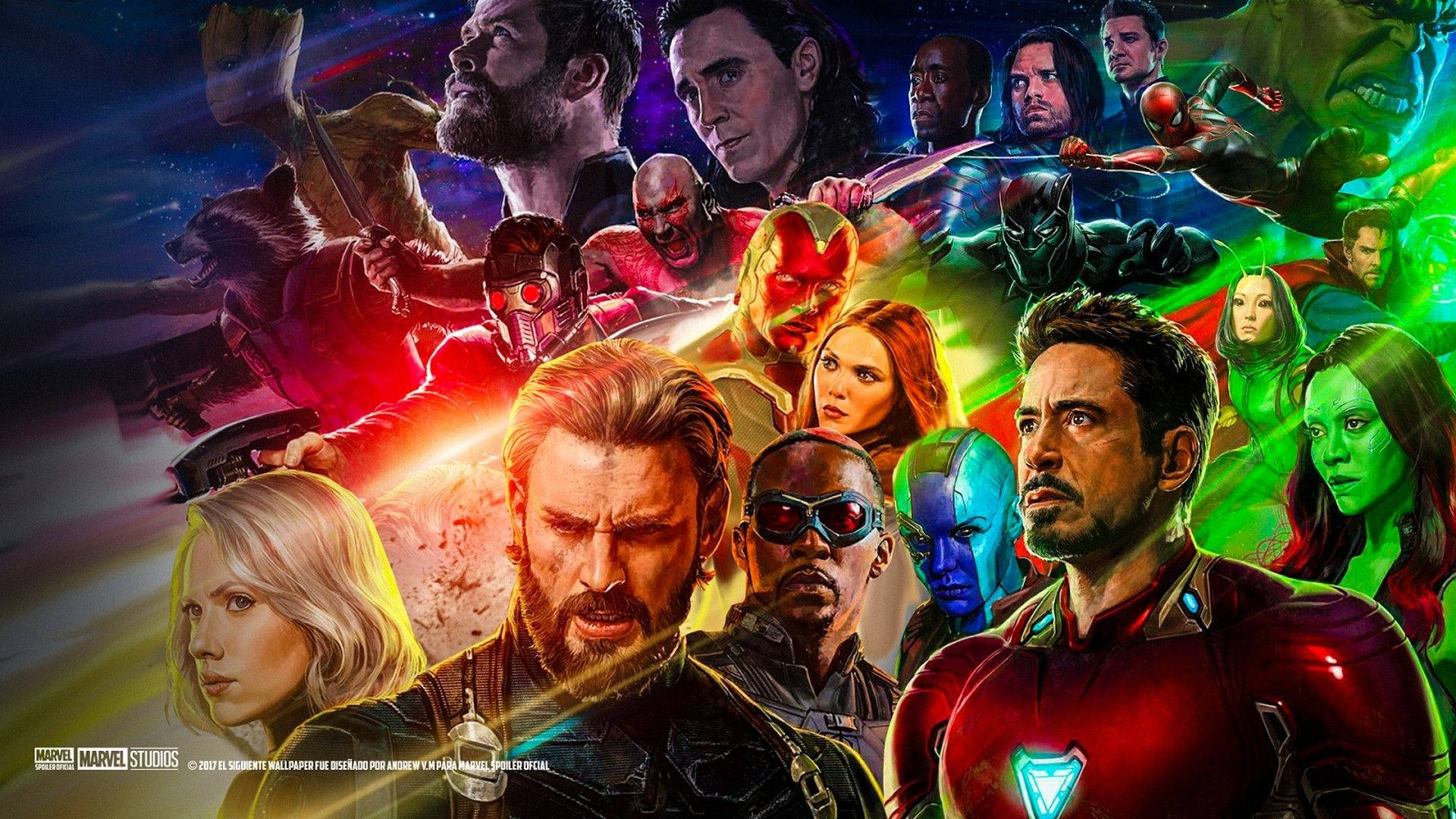 infinity 桌布 壁紙 — 一幅充滿活力的漫威超級英雄和反派拼貼畫，在宇宙背景前動態擺姿勢，帶有發光能量效果。