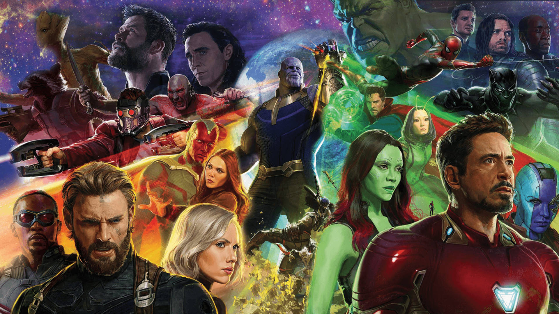 infinity 桌布 壁紙 — 一幅充滿活力的漫威超級英雄和反派拼貼畫，在宇宙星空背景下動態擺姿勢。