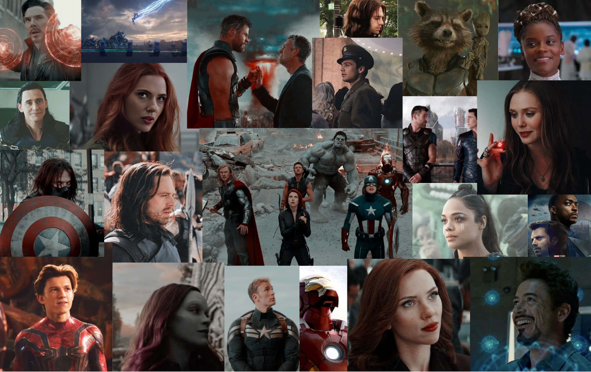 Marvel Aesthetic Laptop 桌布 壁紙 — 一幅充滿活力的漫威超級英雄和反派在不同場景中戲劇性電影時刻的拼貼畫。