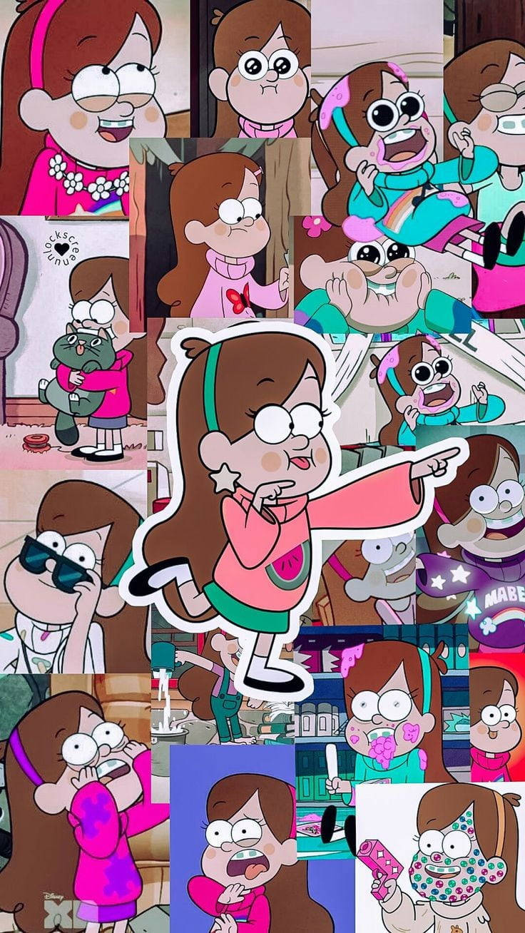 Mabel 桌布 壁紙 — 一幅充滿活力的漫畫女孩角色拼貼畫，展現各種表情姿勢和服裝。