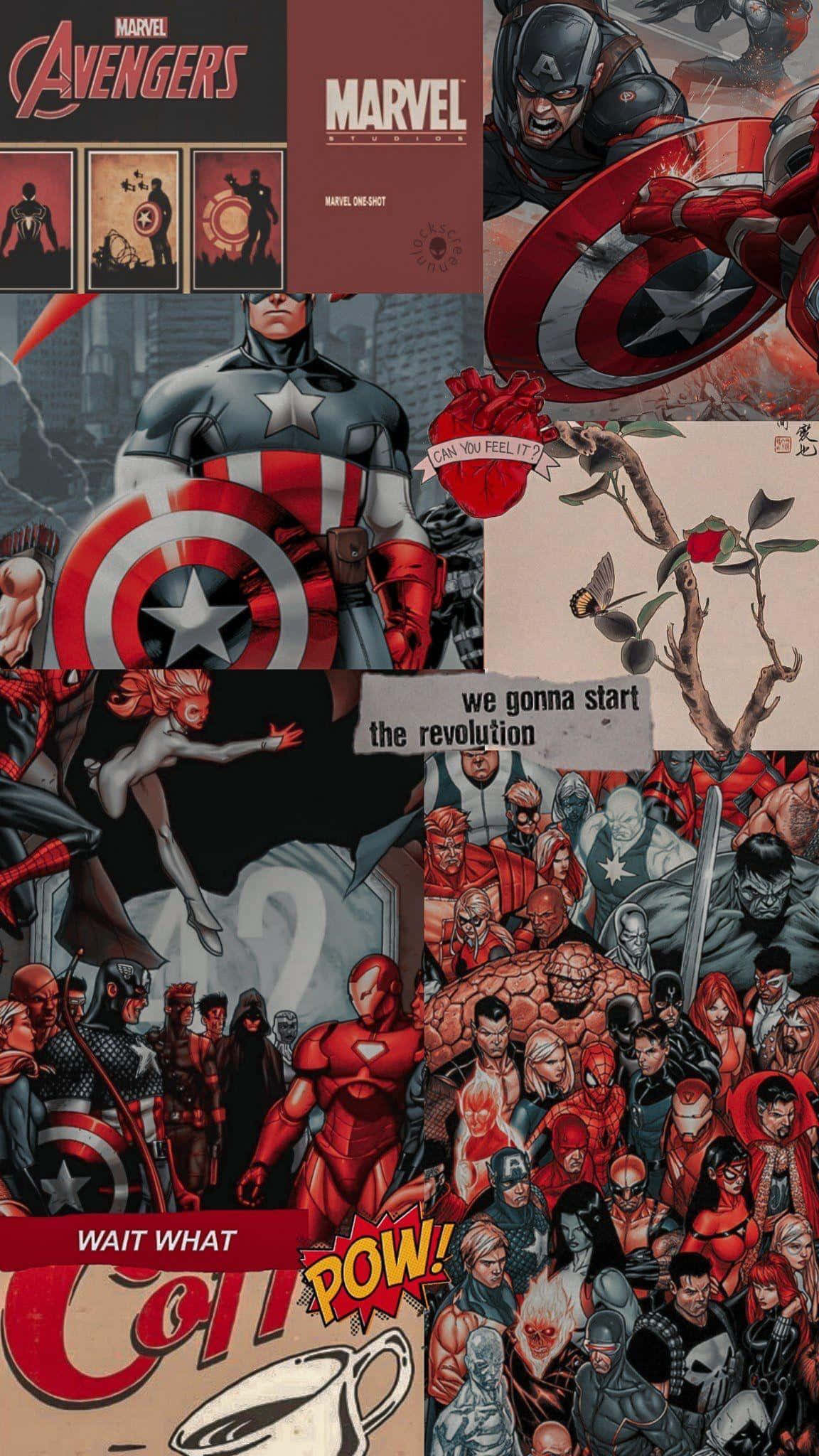 Retro Captain America 桌布 壁紙 — 一幅充滿活力的漫畫拼貼畫， featuring 美國隊長和其他漫威英雄以動態姿勢呈現，搭配大膽的紅、白、藍色調。