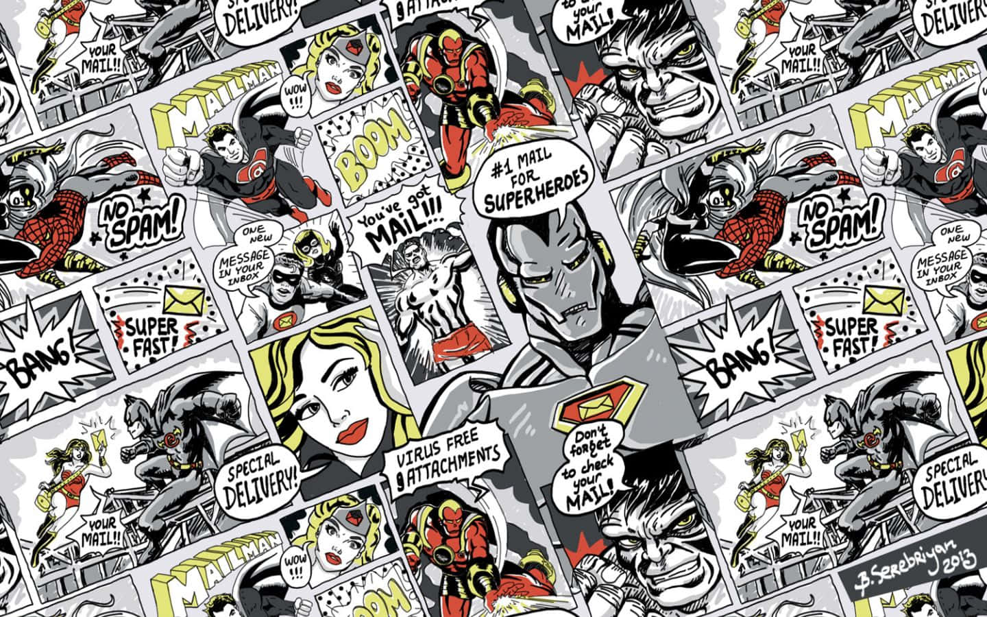 Comics 桌布 壁紙 — 一幅充滿活力的漫畫拼貼畫，描繪超級英雄送信，配有醒目的對話氣泡和動態動作姿勢。