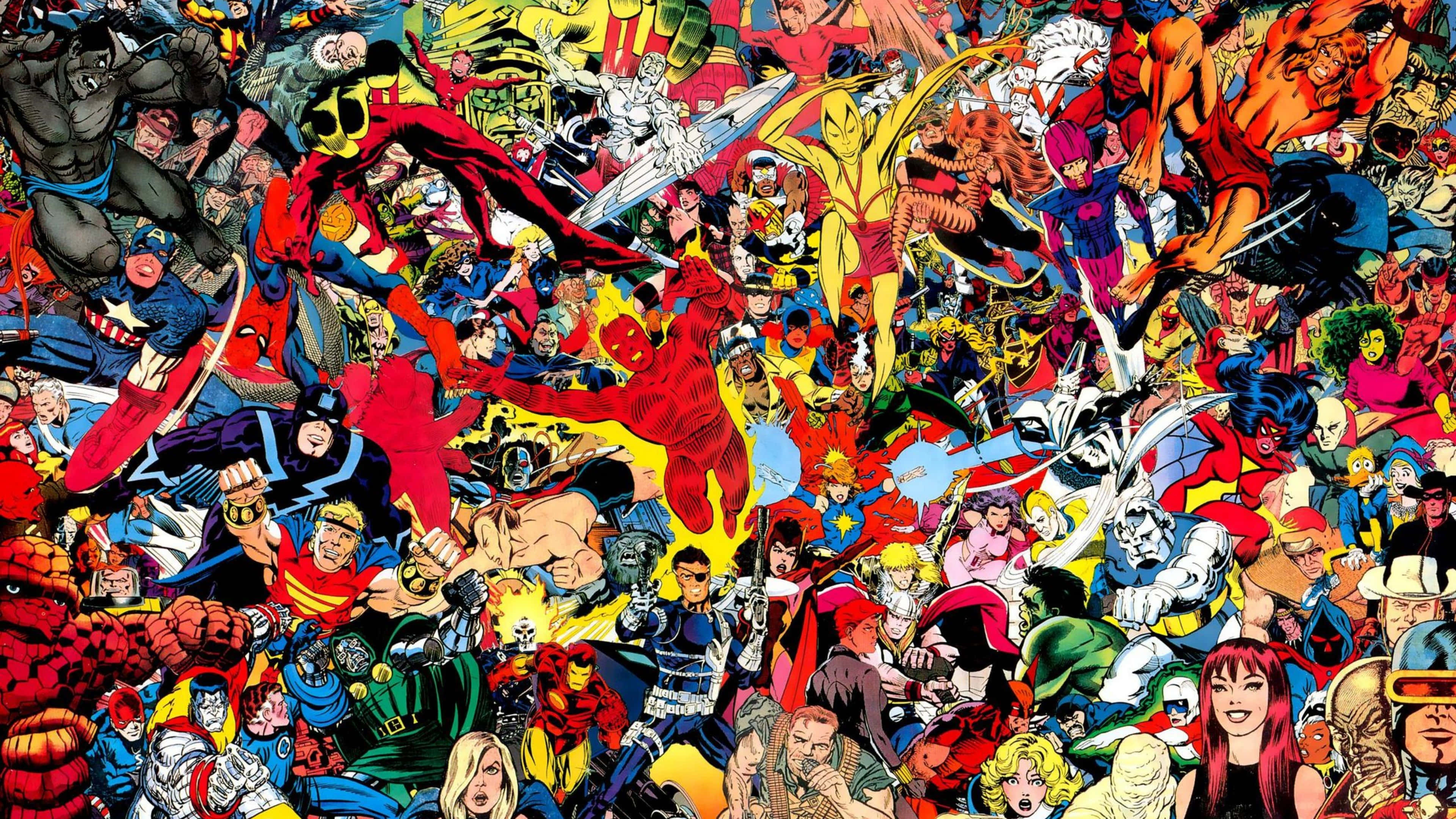 4K Marvel 壁紙 桌布 壁紙 — 一幅充滿活力的漫畫拼貼畫，數百位超級英雄和反派以動態姿勢呈現在混亂多彩的背景上。
