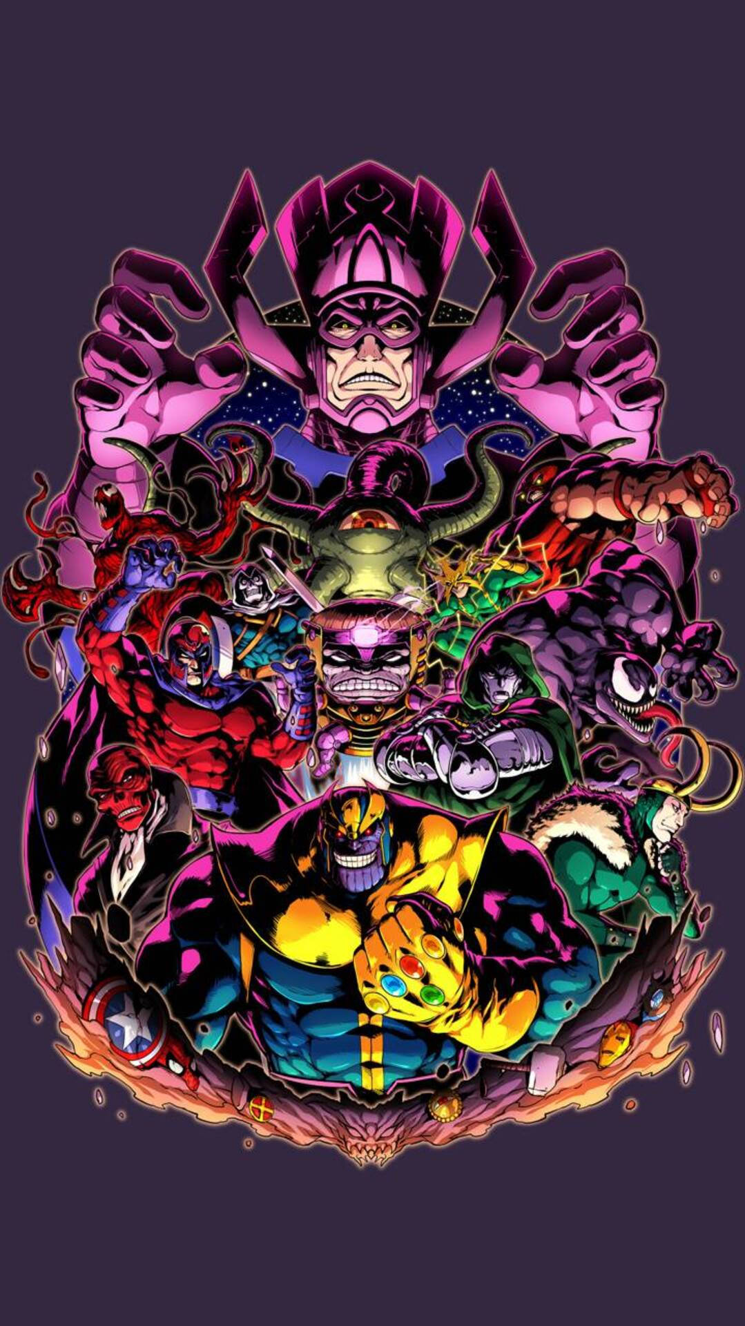 Villains 桌布 壁紙 — 一幅充滿活力的漫畫插圖，描繪薩諾斯被一圈混亂的強大反派包圍，背景為深紫色。