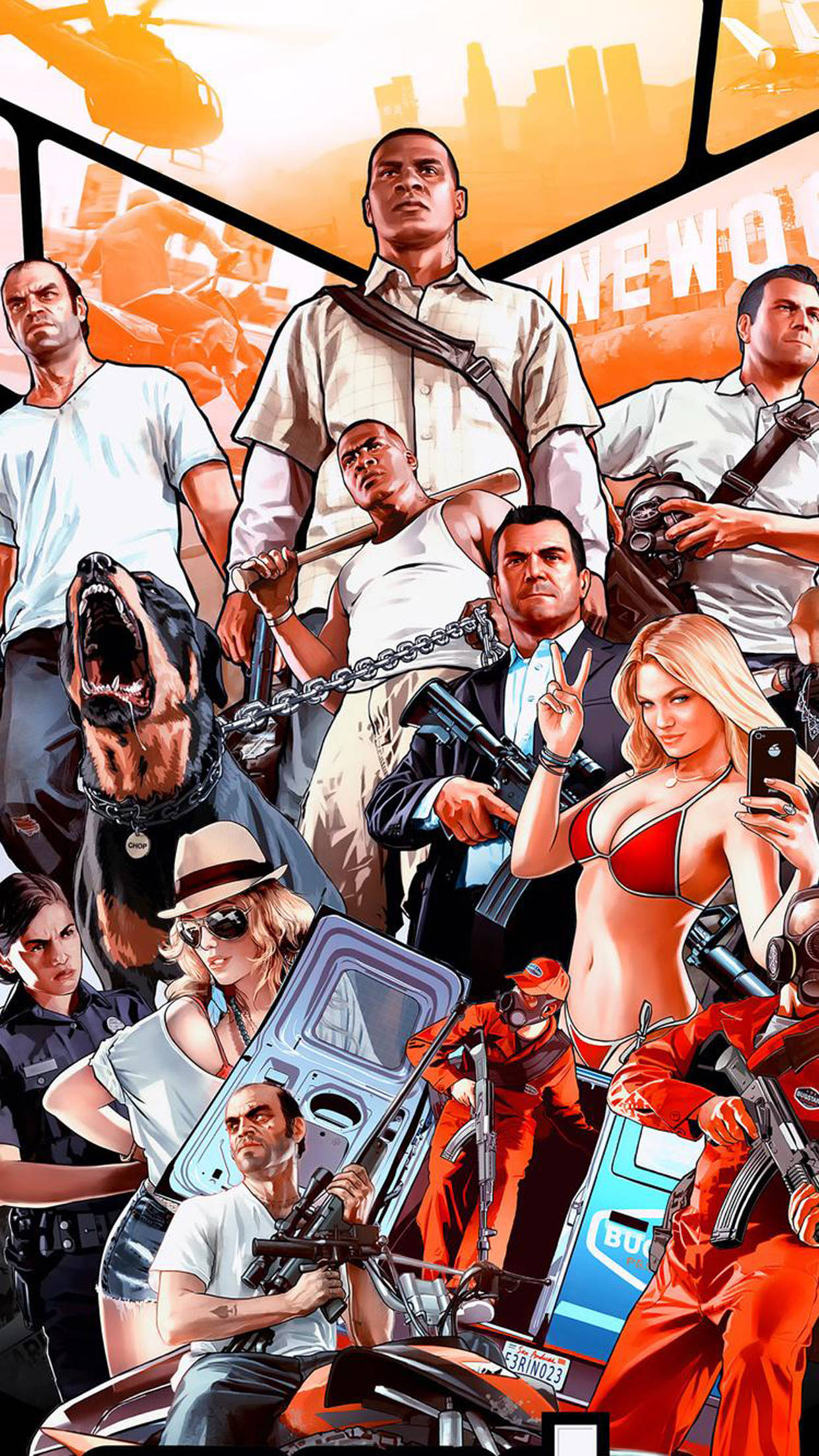 gta iPhone 桌布 壁紙 — 一幅充滿活力的漫畫風格拼貼畫，包含GTA角色，包括一隻吠叫的洛威拿、武裝男子、身穿比基尼的女子和直升機，背景是城市天際線。