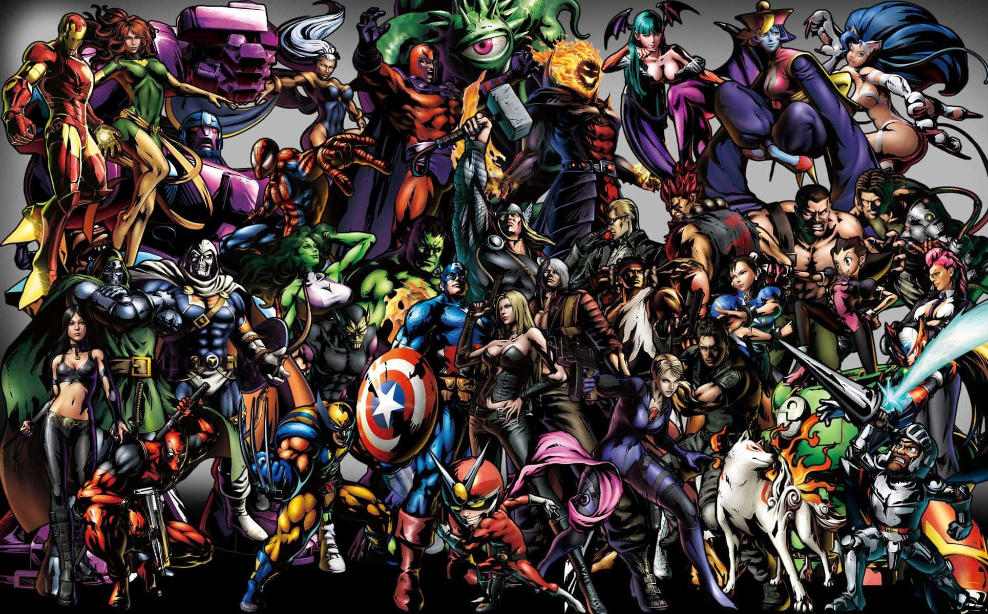 Marvel Vs Capcom 桌布 壁紙 — 一幅充滿活力的漫畫風格拼貼畫，描繪了各種超級英雄和反派在深色背景上動態擺姿勢。