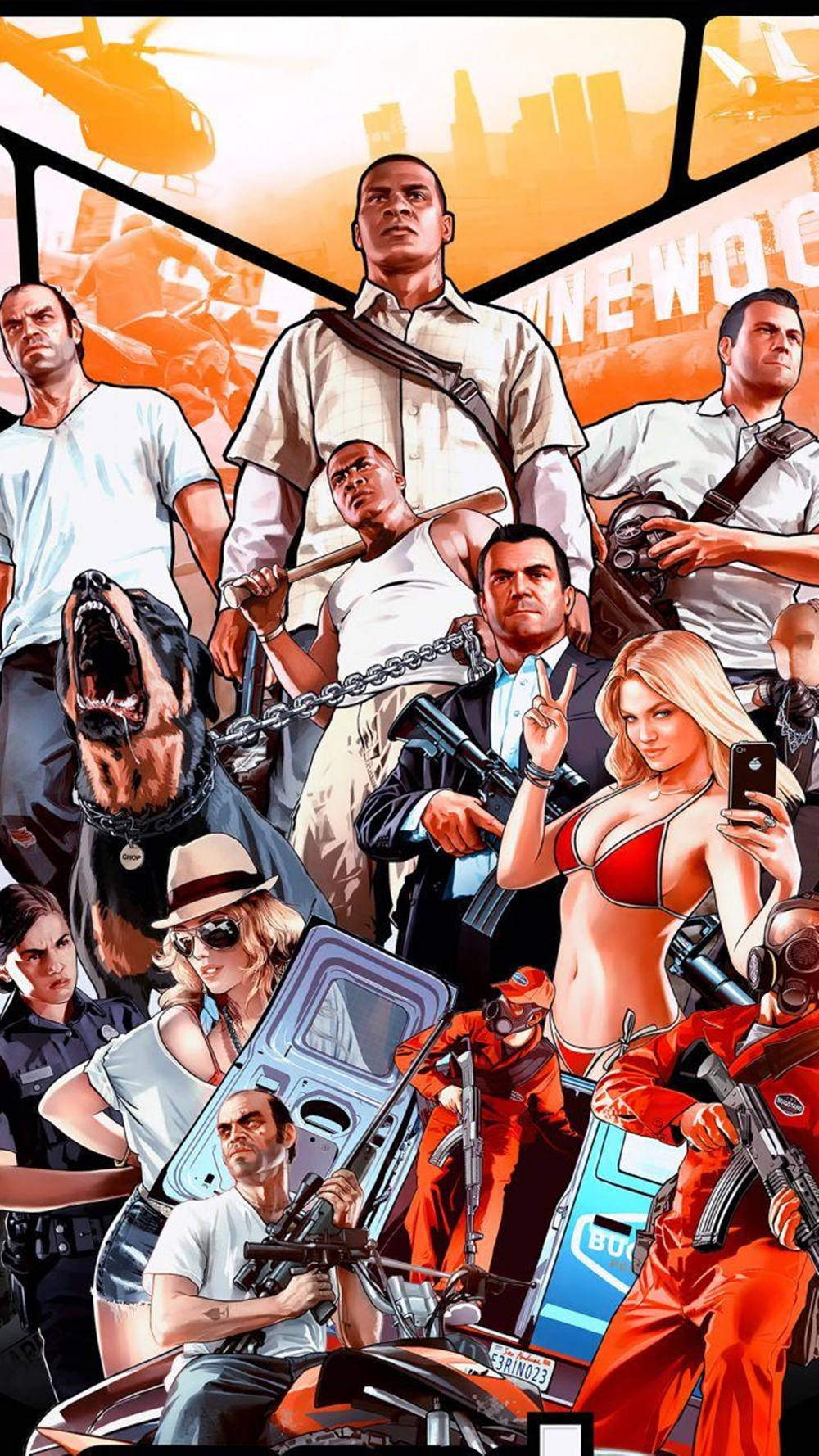 GTA角色在混亂的都市動作場景中，手持武器和一隻狗。 — GTA 5 動圖 壁紙