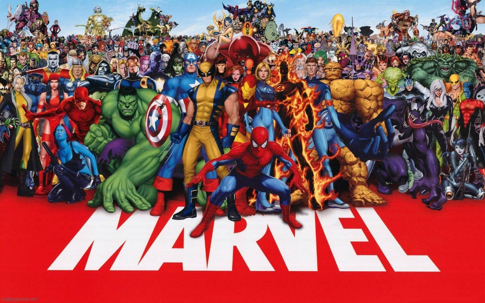 漫威 桌布 壁紙 — 一幅充滿活力的漫畫風格拼貼畫，數百個Marvel超級英雄和反派英雄式地擺姿勢在紅地毯上，並有粗體白色字母的MARVEL字樣。