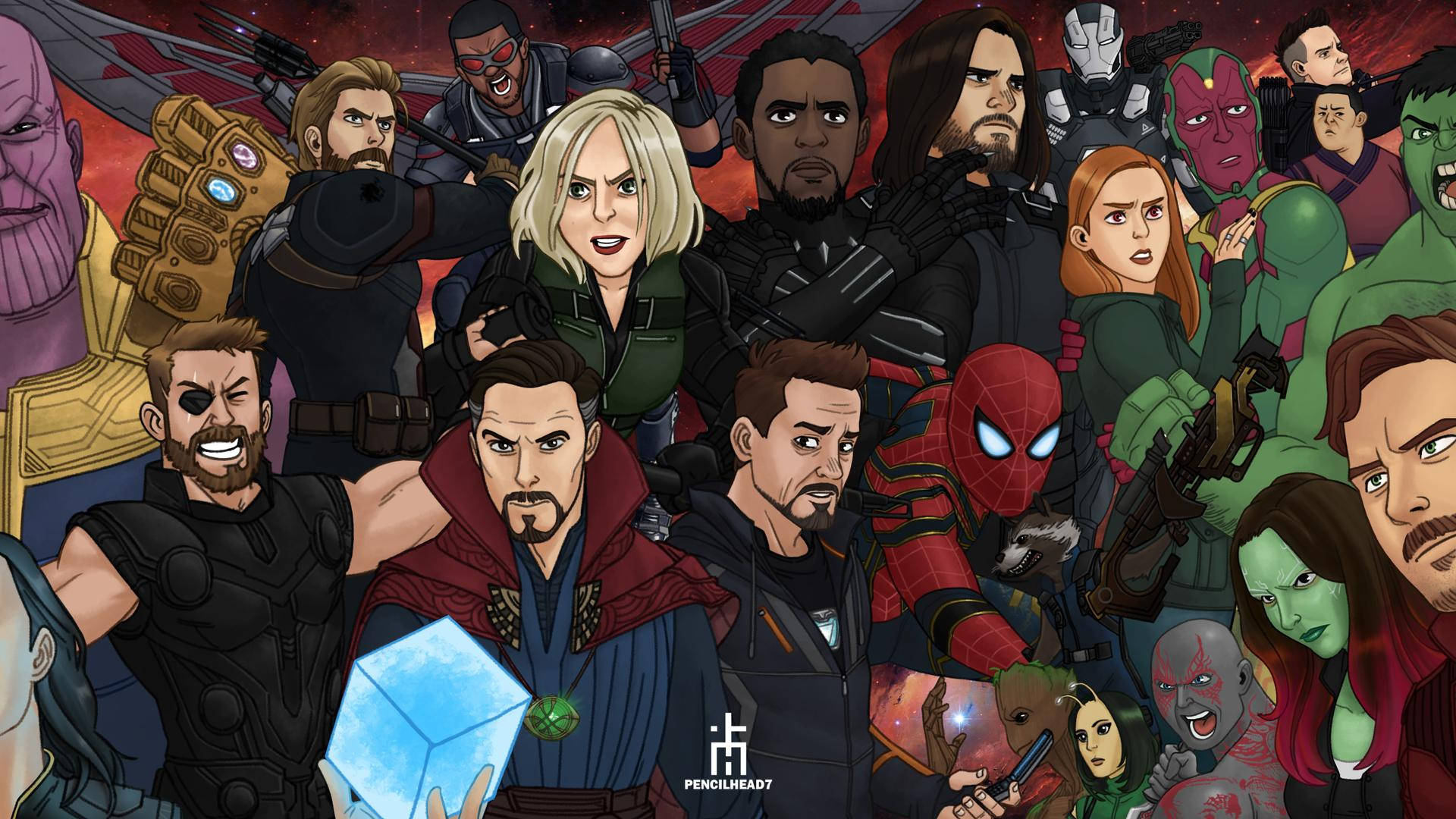 infinity 桌布 壁紙 — 一幅充滿活力的漫畫風格插圖，描繪眾多漫威超級英雄和反派一起擺出動態的群體姿勢。