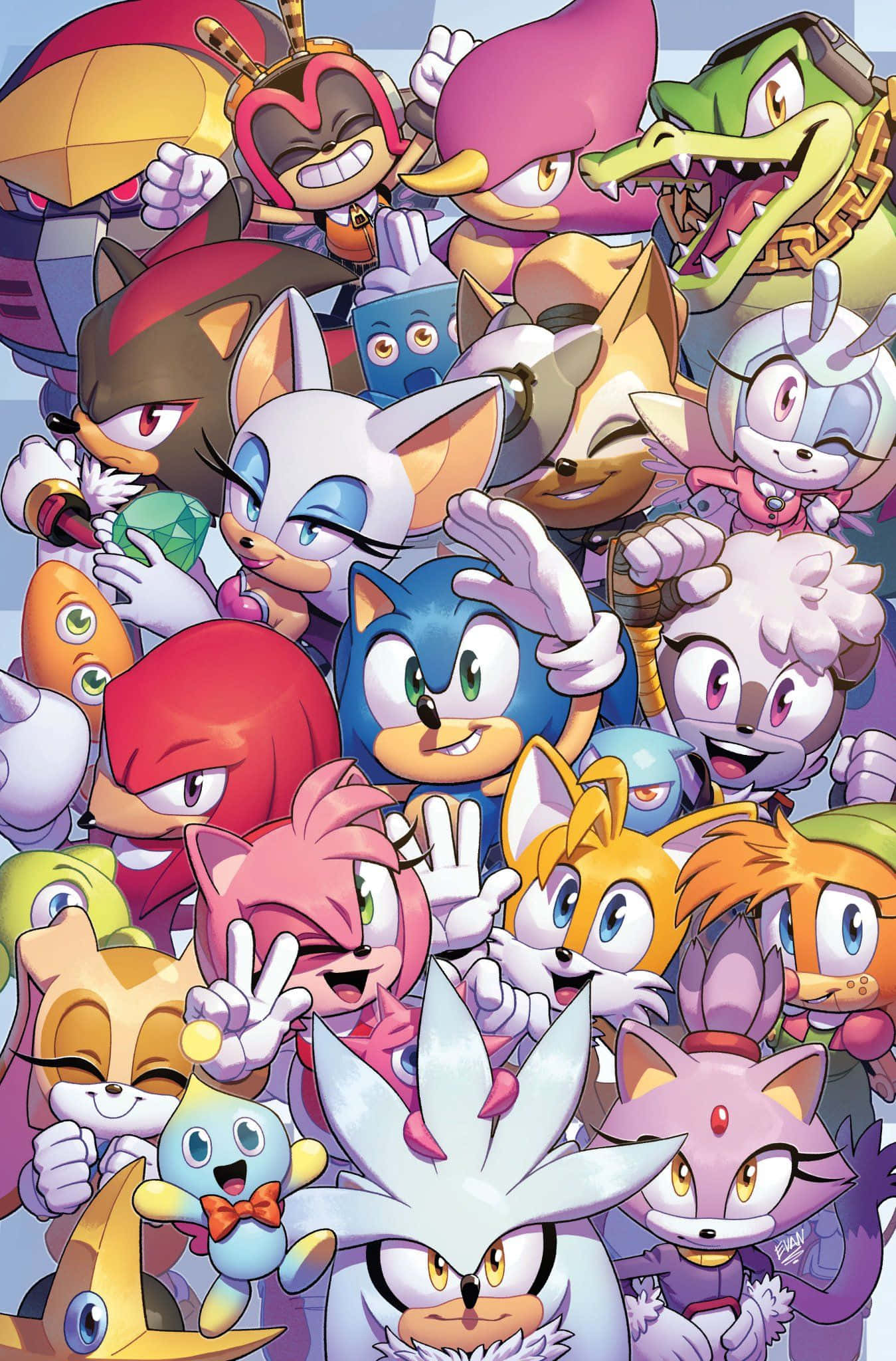 Sonic Characters 桌布 壁紙 — 一幅充滿活力的漫畫風格群體肖像，描繪了音速小子和他色彩繽紛的擬人化動物朋友們精力充沛地擺出姿勢。