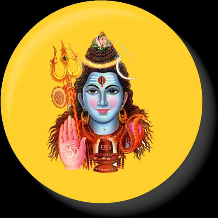 Hinduism 桌布 壁紙 — 一幅充滿活力的濕婆神插圖，藍色皮膚，手持三叉戟和粉紅色手勢，背景是光芒四射的黃色圓形。