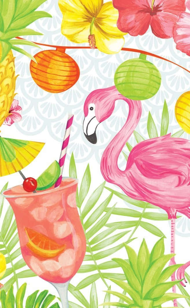 Summer iPhone 桌布 壁紙 — 一幅充滿活力的熱帶插圖，描繪了一隻粉紅色的火烈鳥旁邊有一杯以青檸和櫻桃裝飾的粉紅色雞尾酒。