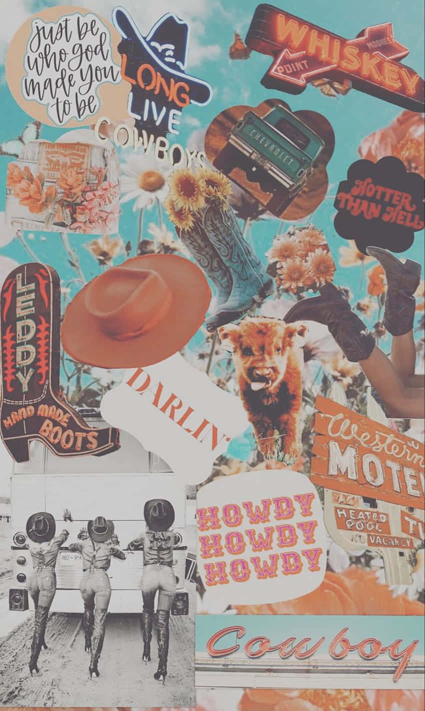 Vintage Collage 桌布 壁紙 — 一幅充滿活力的牛仔主題貼紙和照片拼貼，包含靴子、帽子、牛和霓虹燈牌，背景為青綠色。
