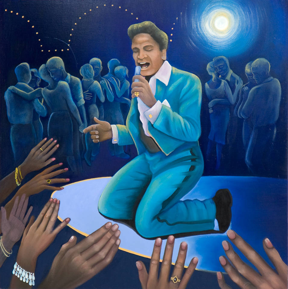 Singer 桌布 壁紙 — 一幅充滿活力的畫作，描繪一位穿著青綠色西裝的歌手跪在舞台上，在發光的月亮下，手從下方伸上來。