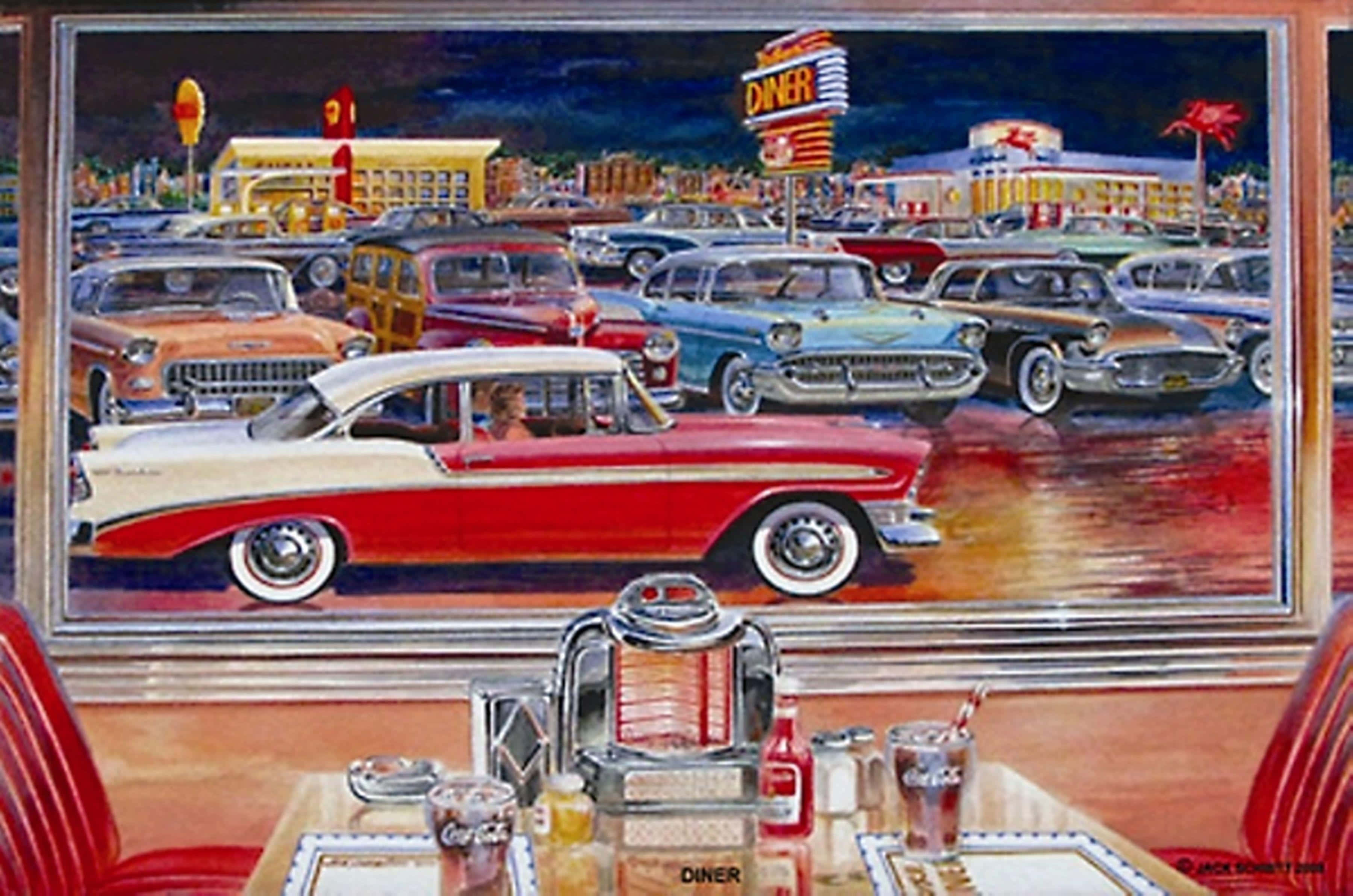 Vintage Car 桌布 壁紙 — 一幅充滿活力的畫作，描繪了1950年代的經典汽車停在霓虹燈閃爍的餐廳旁，背景是繁星點點的夜空。