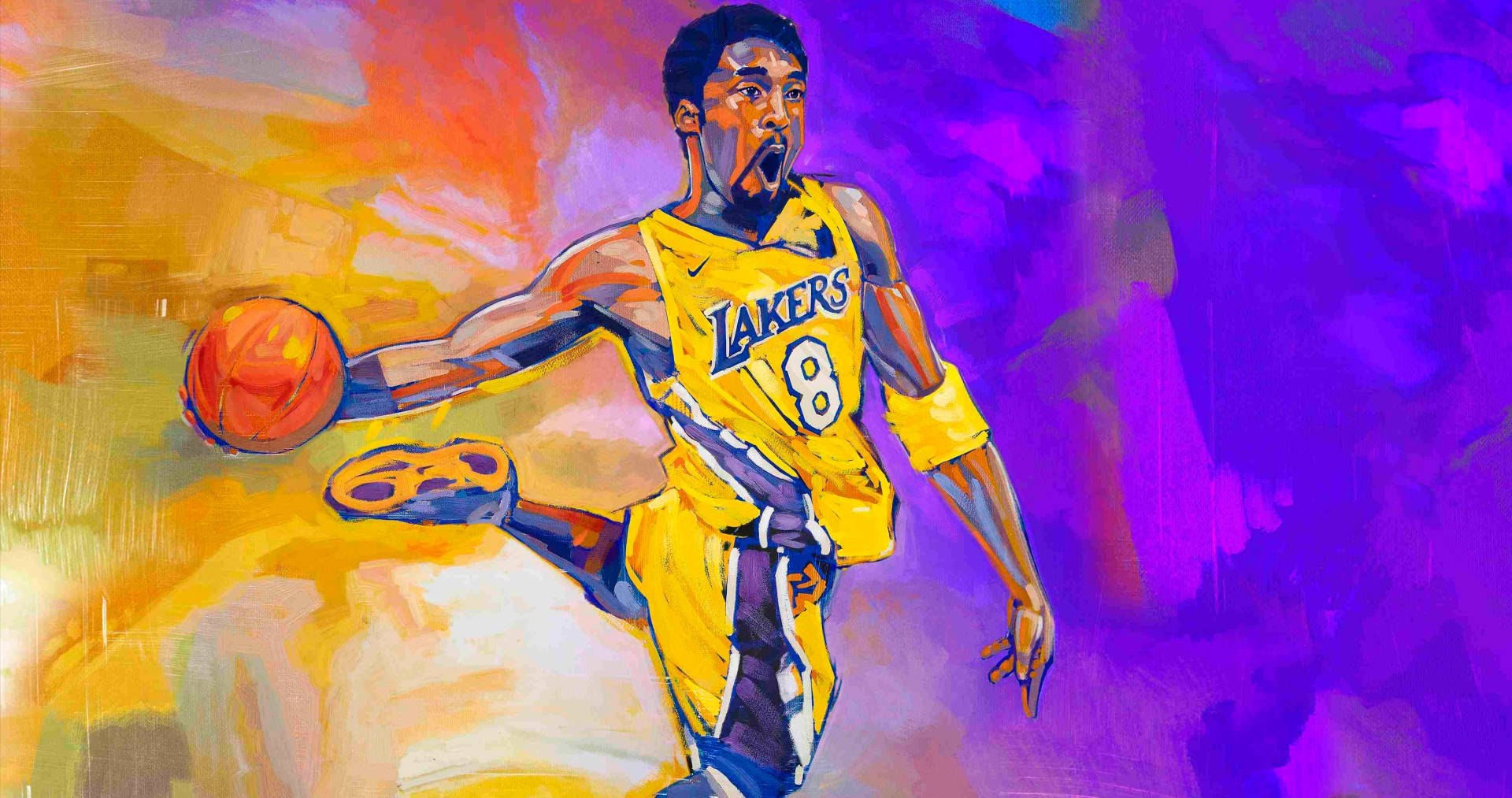 NBA 桌布 壁紙 — 一幅充滿活力的畫作，描繪了一位身穿黃色湖人隊球衣的籃球運動員，在色彩繽紛的抽象背景前以動態動作運球。