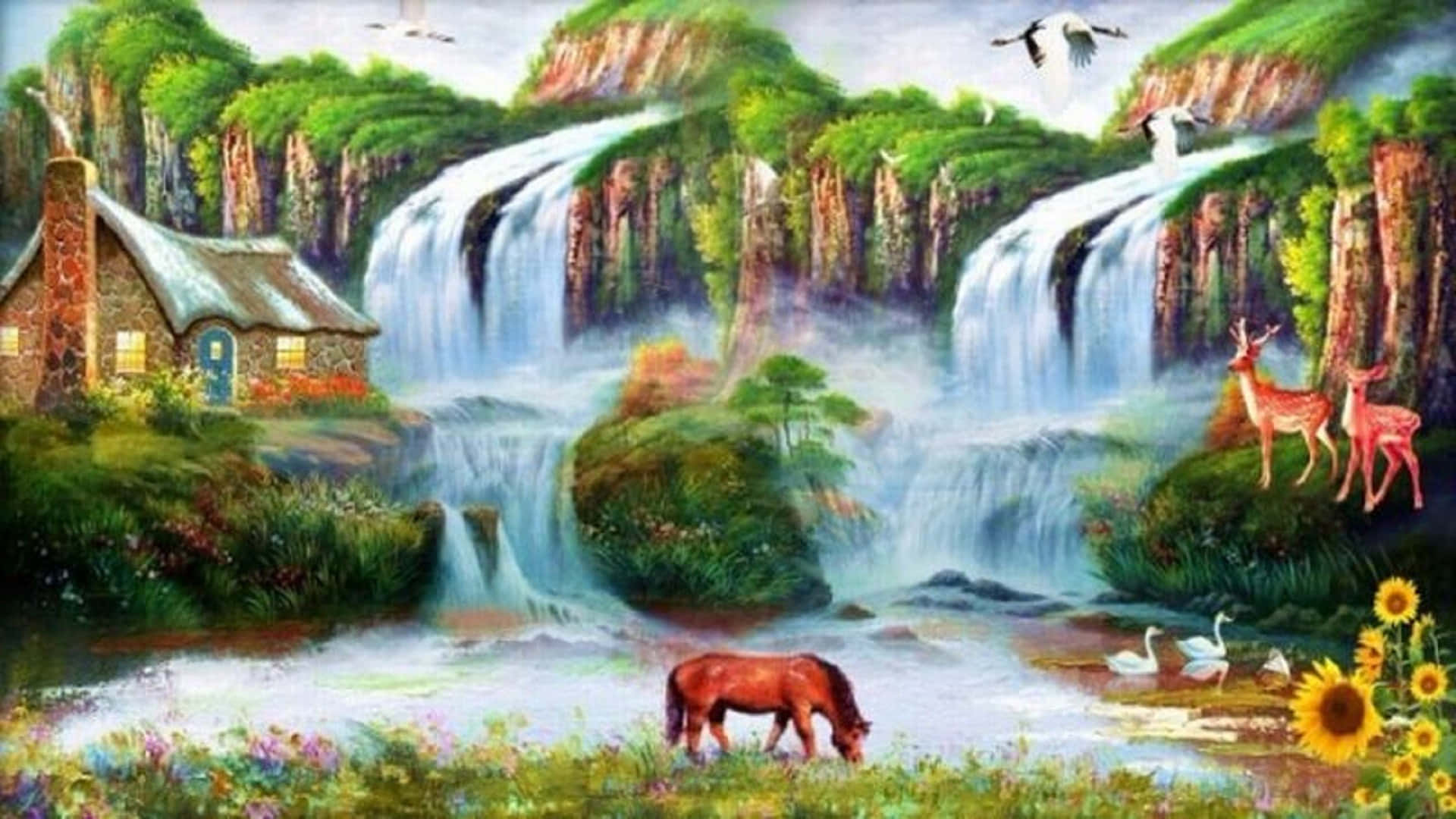 Nature Scenes 桌布 壁紙 — 一幅充滿活力的畫作，描繪了一座質樸的石頭小屋旁邊有層疊瀑布，鹿、天鵝和一匹正在吃草的馬在茂密的綠意中。