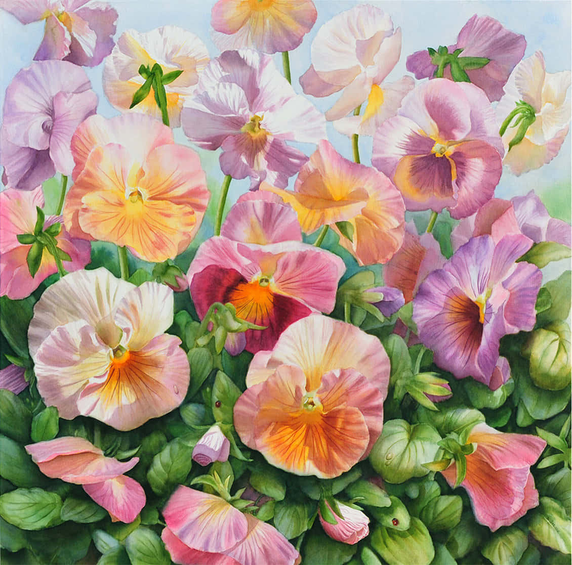 Painting 桌布 壁紙 — 一幅充滿活力的畫作，描繪了在柔和藍天下盛開的粉紅、紫色和黃色調的茂盛三色堇。