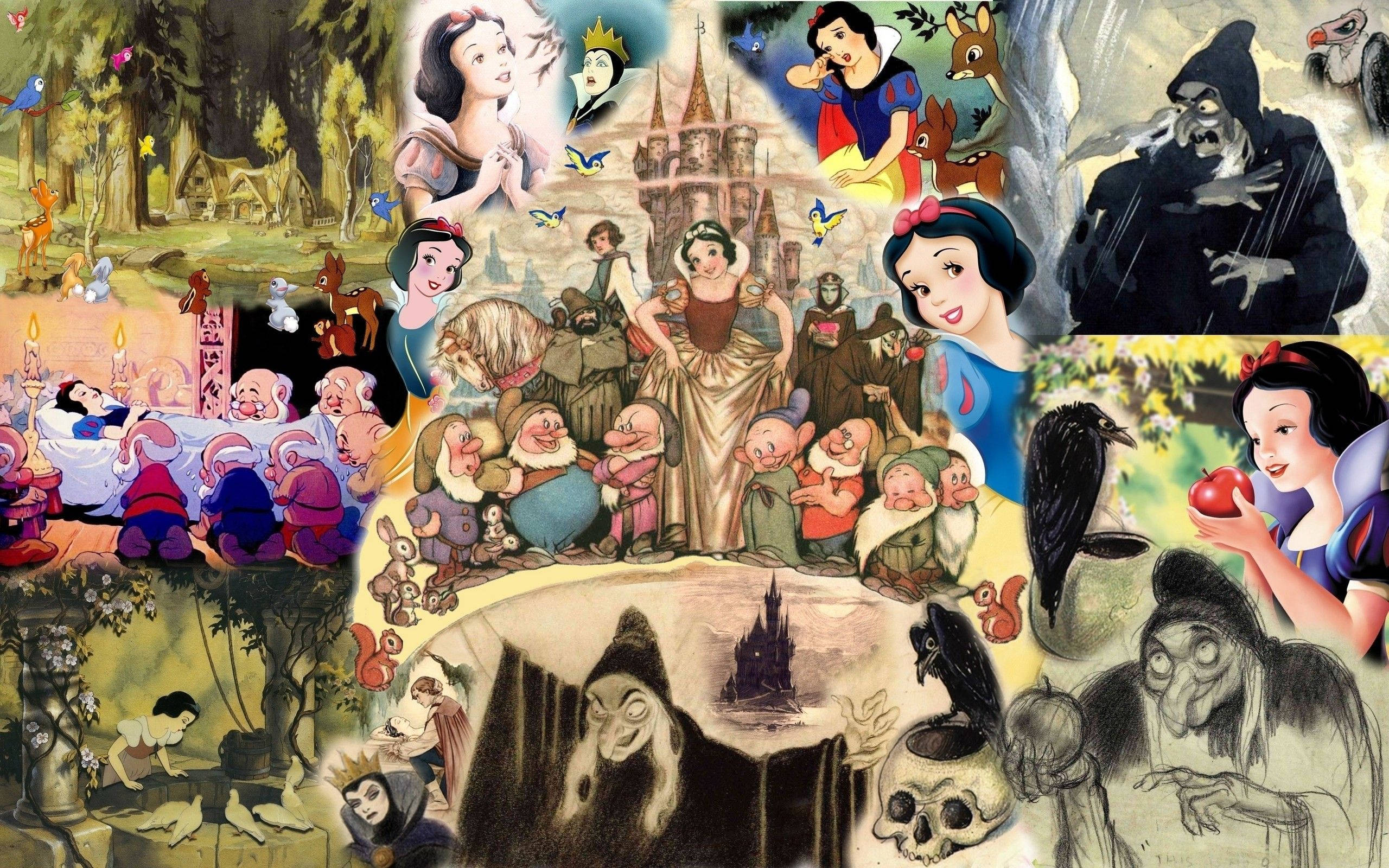 Seven Dwarfs 桌布 壁紙 — 一幅充滿活力的白雪公主童話場景拼貼畫，包括小矮人、城堡、女巫和毒蘋果。