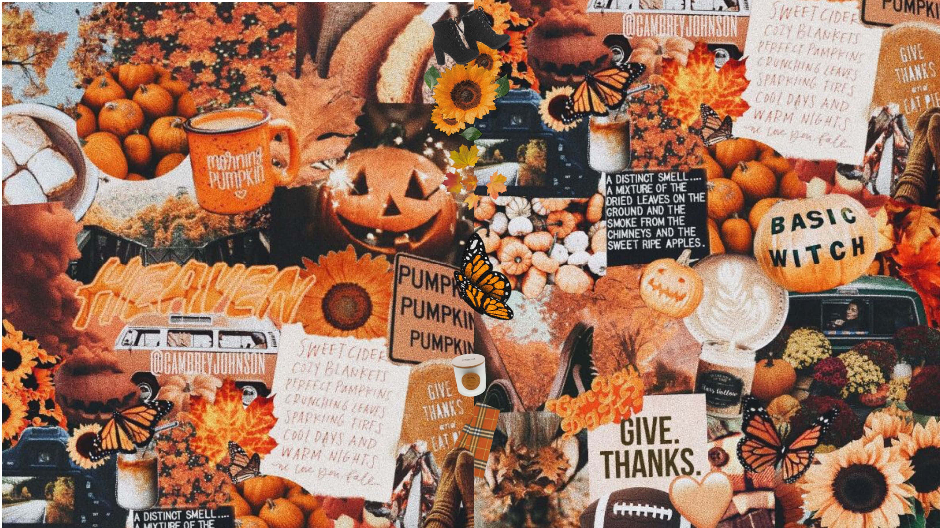 Fall Aesthetic Macbook 桌布 壁紙 — 一幅充滿活力的秋天拼貼畫，佈滿南瓜、向日葵、帝王斑蝶和手寫感恩節便條，採用溫暖的橙色、棕色和金色色調。