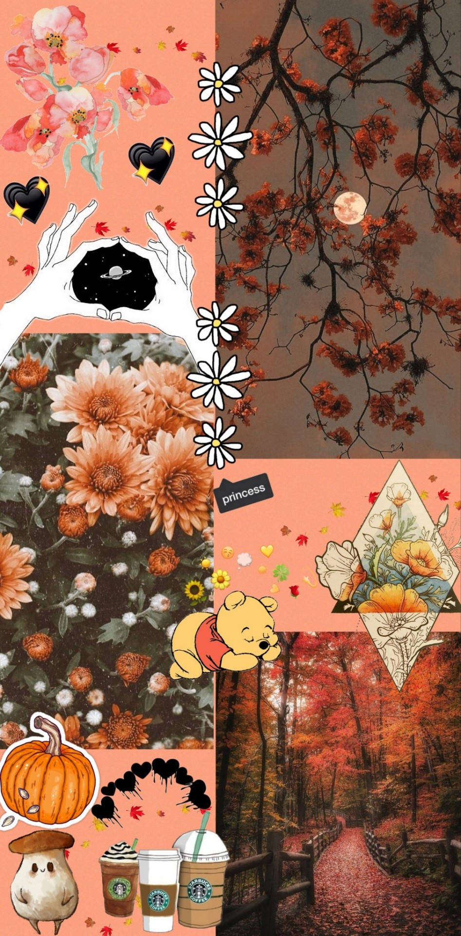 Spooky Aesthetic 桌布 壁紙 — 一幅充滿活力的秋天拼貼畫，包含花朵、南瓜、小熊維尼和滿月下的森林小徑。