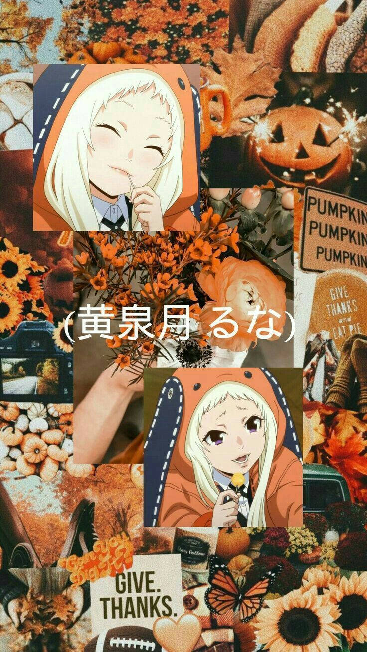 Runa Yomozuki 桌布 壁紙 — 一幅充滿活力的秋季主題拼貼畫， featuring 動漫女孩肖像、南瓜、向日葵和季節性裝飾，採用溫暖的橙色調。