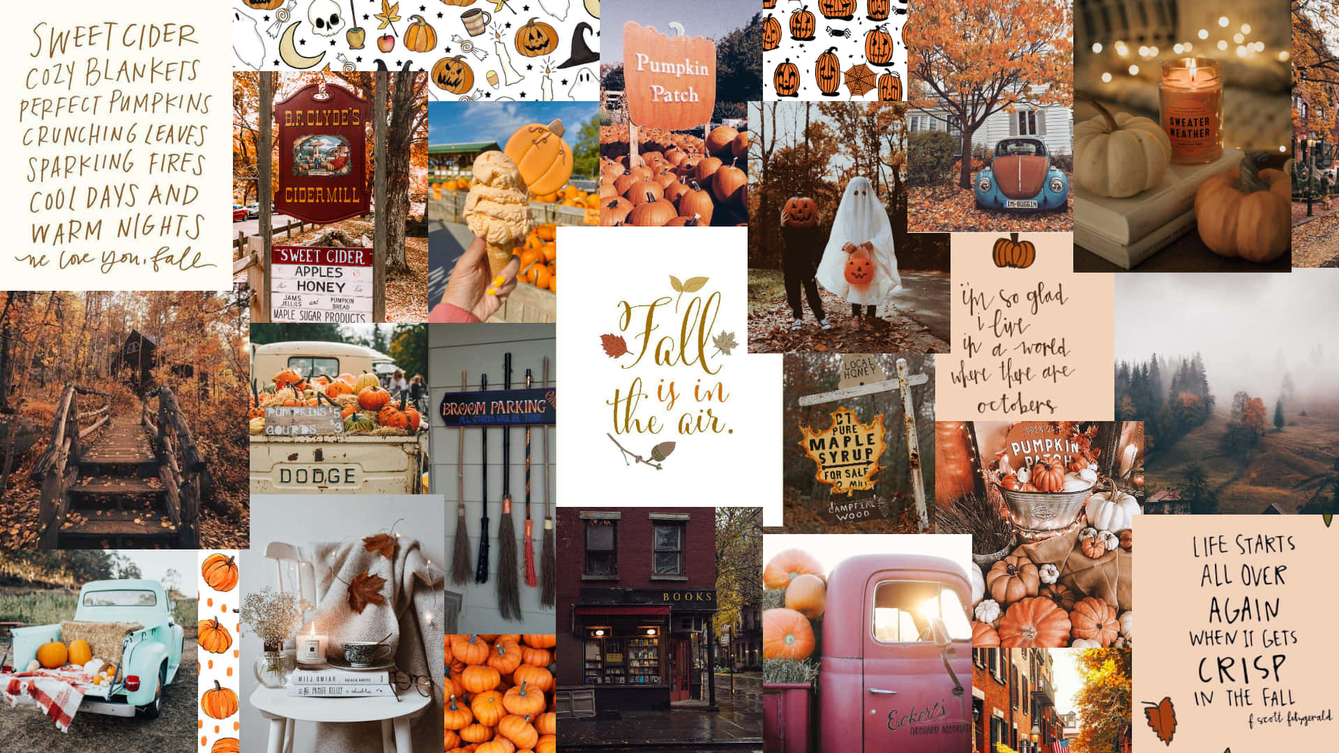 Fall Aesthetic Desktop 桌布 壁紙 — 一幅充滿活力的秋季拼貼畫， featuring 南瓜、復古卡車、舒適的毯子和溫暖金色調的秋葉。