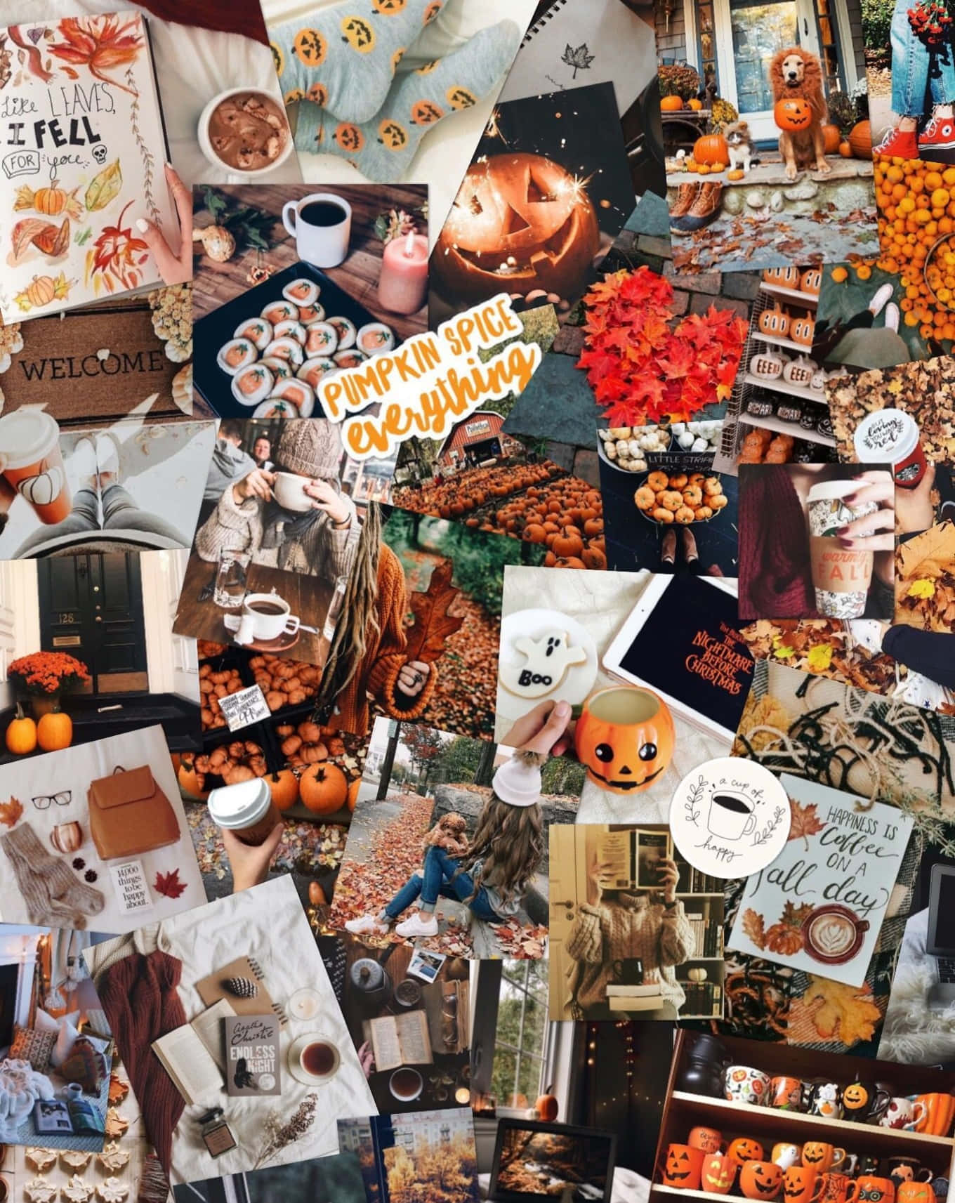 October Aesthetic 桌布 壁紙 — 一幅充滿活力的秋季拼貼畫，以南瓜、舒適的毛衣、落葉和南瓜香料主題物品為特色，採用溫暖的大地色調。