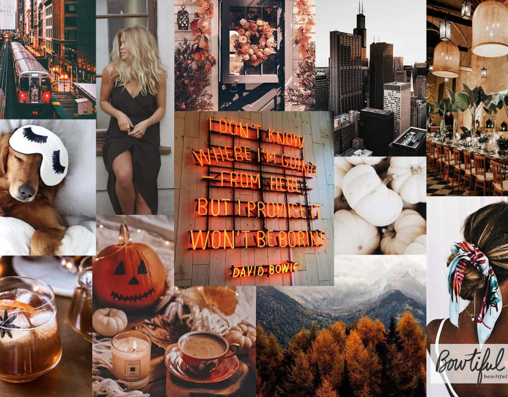 Autumn Collage 桌布 壁紙 — 一幅充滿活力的秋季拼貼畫，展現城市景觀、舒適飲品、南瓜、霓虹燈和溫暖金色調的山林。
