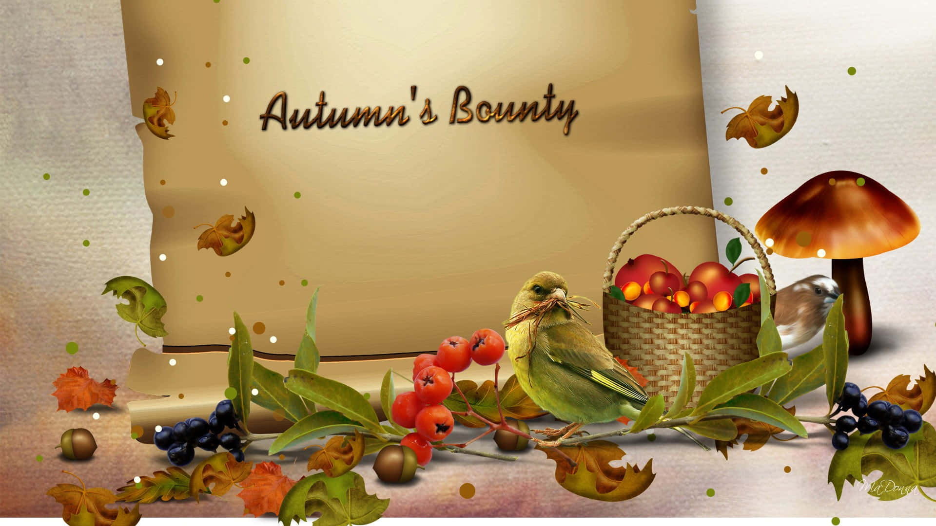 Autumn Bounty 桌布 壁紙 — 一幅充滿活力的秋日靜物畫，一隻綠色小鳥在蘋果籃旁邊，周圍環繞著漿果、樹葉和蘑菇。