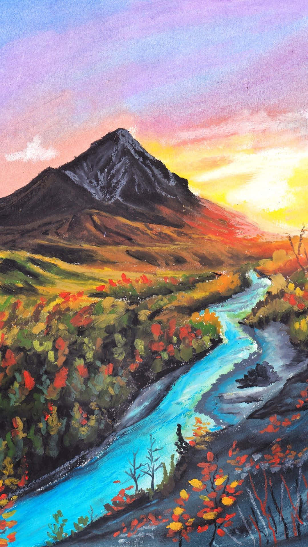 山脈 桌布 壁紙 — 一幅充滿活力的秋景畫，展示了一條蜿蜒的藍色河流流過色彩繽紛的樹葉，在紫色和橙色的日落天空下，有一座黑暗的山峰。