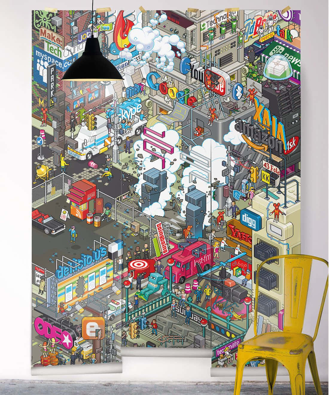 New York Art 桌布 壁紙 — 一幅充滿活力的等距插圖，描繪了繁華的數位時代城市景觀，充滿了標誌性的科技標誌和色彩繽紛的建築。