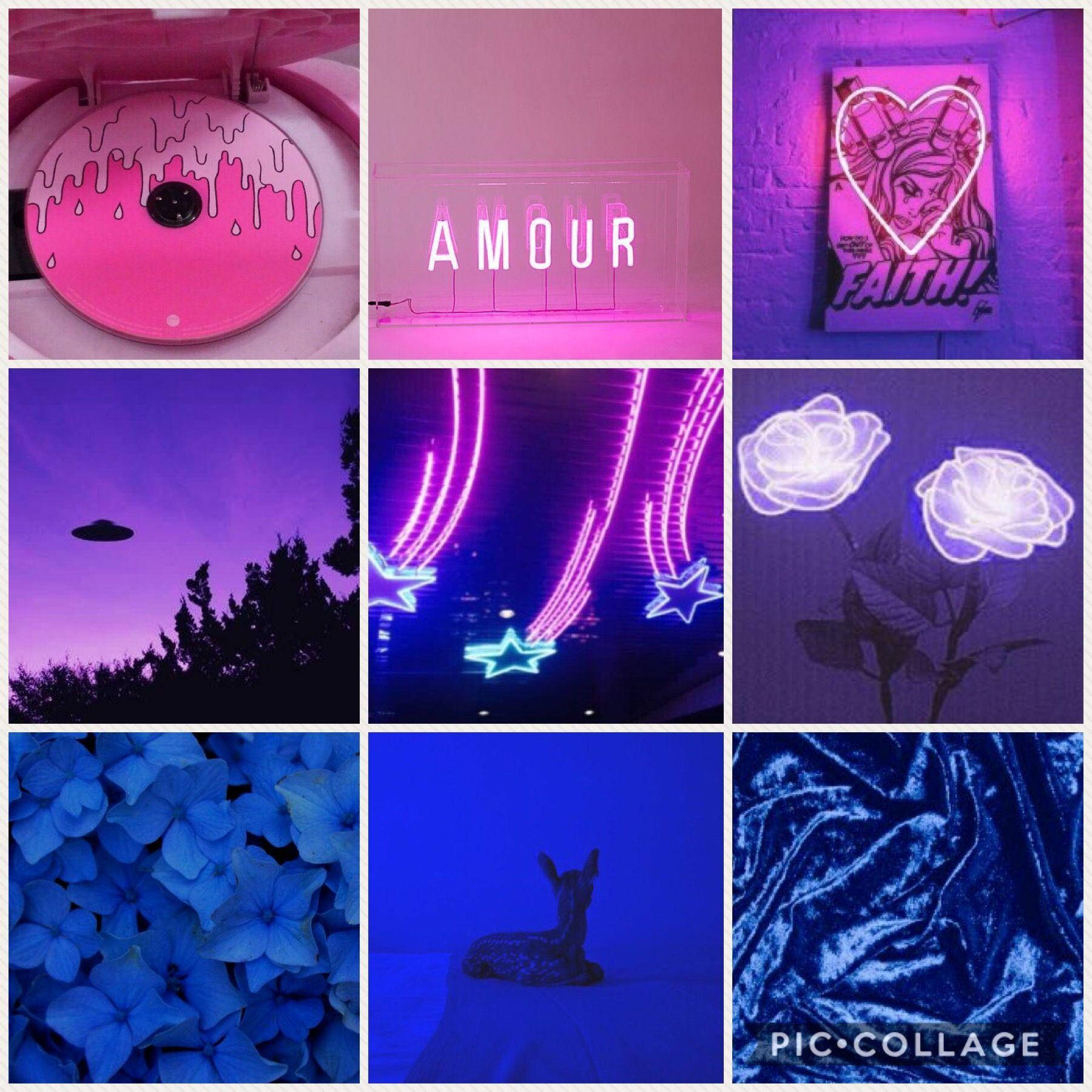 Bisexual Aesthetic 桌布 壁紙 — 一幅充滿活力的粉紅和藍色霓虹拼貼畫，包含發光標誌、玫瑰和UFO，背景是暮色天空。