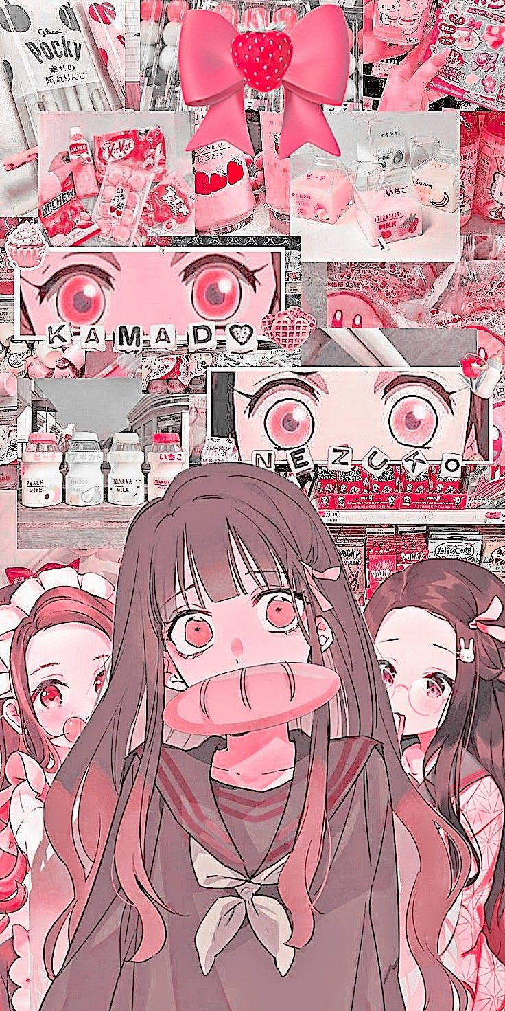 紅眼粉紅髮的動漫角色， surrounded by 草莓零食和商品。 — 柔和美學 GIF 壁紙