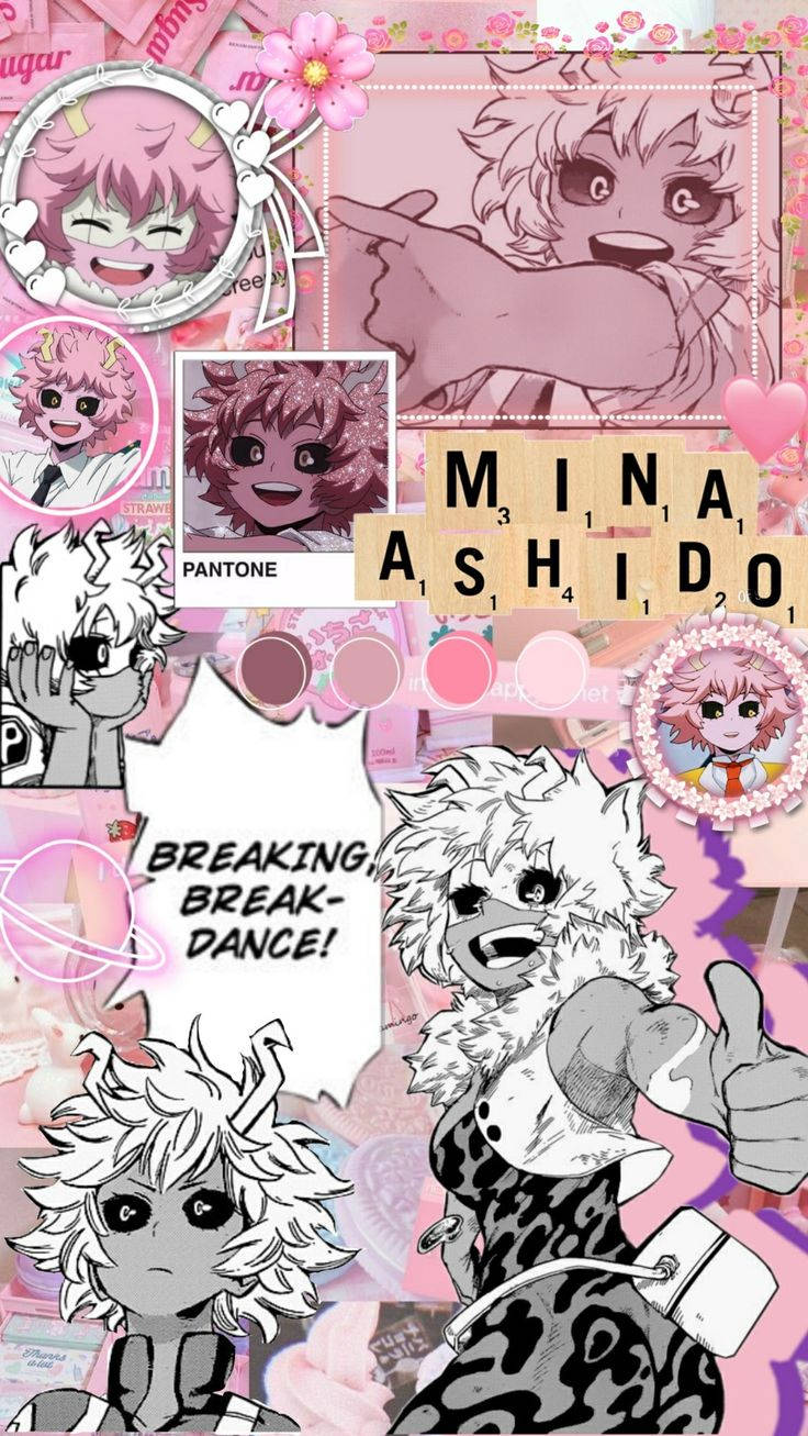 動漫女孩 桌布 壁紙 — 一幅充滿活力的粉紅色動漫拼貼畫， featuring Mina Ashido，包含多個富有表現力的插圖和裝飾元素。