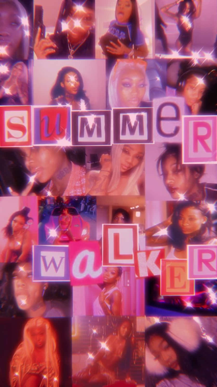 Summer Walker 桌布 壁紙 — 一幅充滿活力的粉紅色和紫色拼貼畫，描繪年輕女性，帶有閃光和粗體「SUMMER WALKER」字樣。