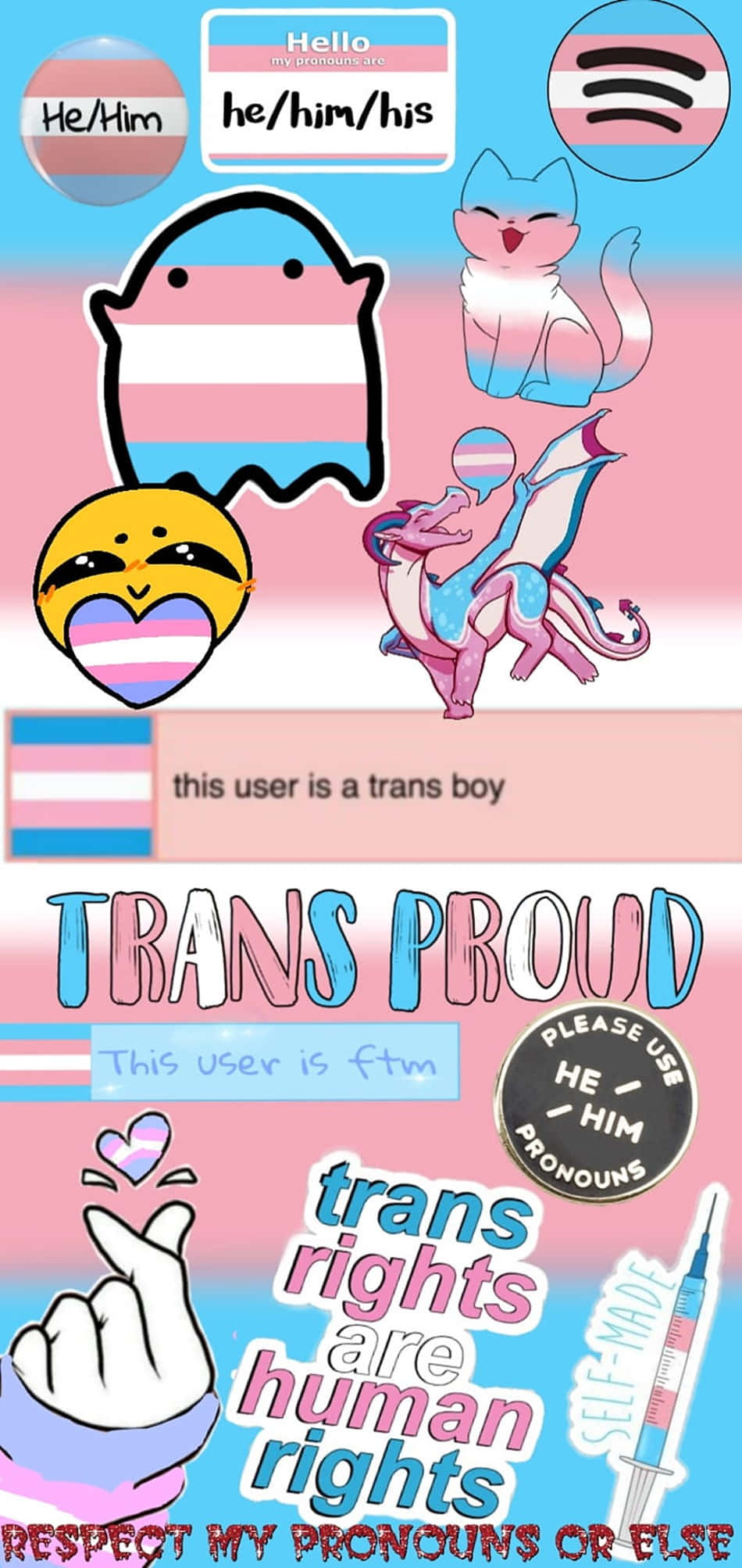 transgender 桌布 壁紙 — 一幅充滿活力的粉紅色和藍色數位拼貼畫， featuring 跨性別驕傲符號、表情符號和肯定跨性別身份與權利的文字。