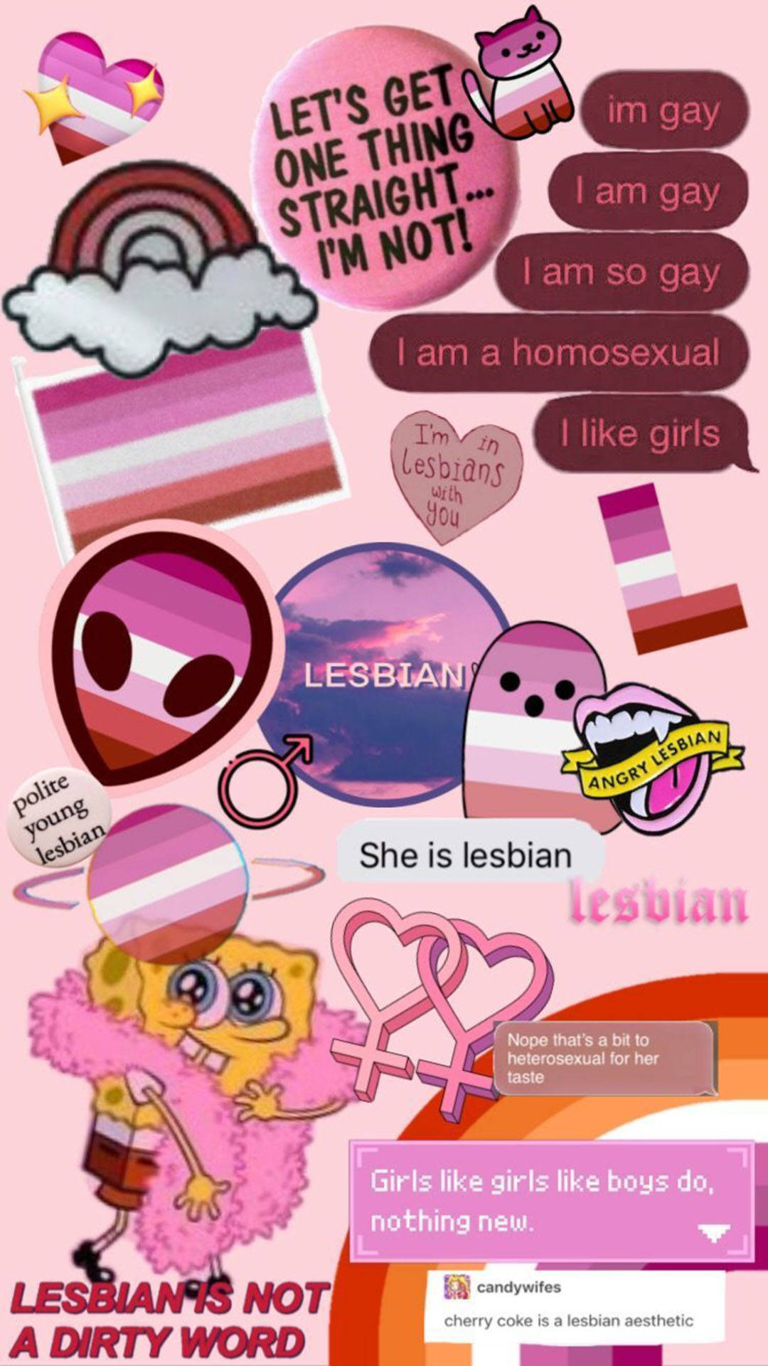Lesbian 桌布 壁紙 — 一幅充滿活力的粉紅色拼貼畫， featuring LGBTQ+ 驕傲符號、文字氣泡和卡通人物，慶祝女同性戀身份。