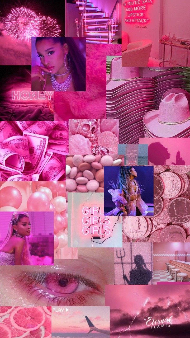 粉紅色主題拼貼畫，包含 Ariana Grande、金錢、骷髏頭、硬幣和發光的眼睛。