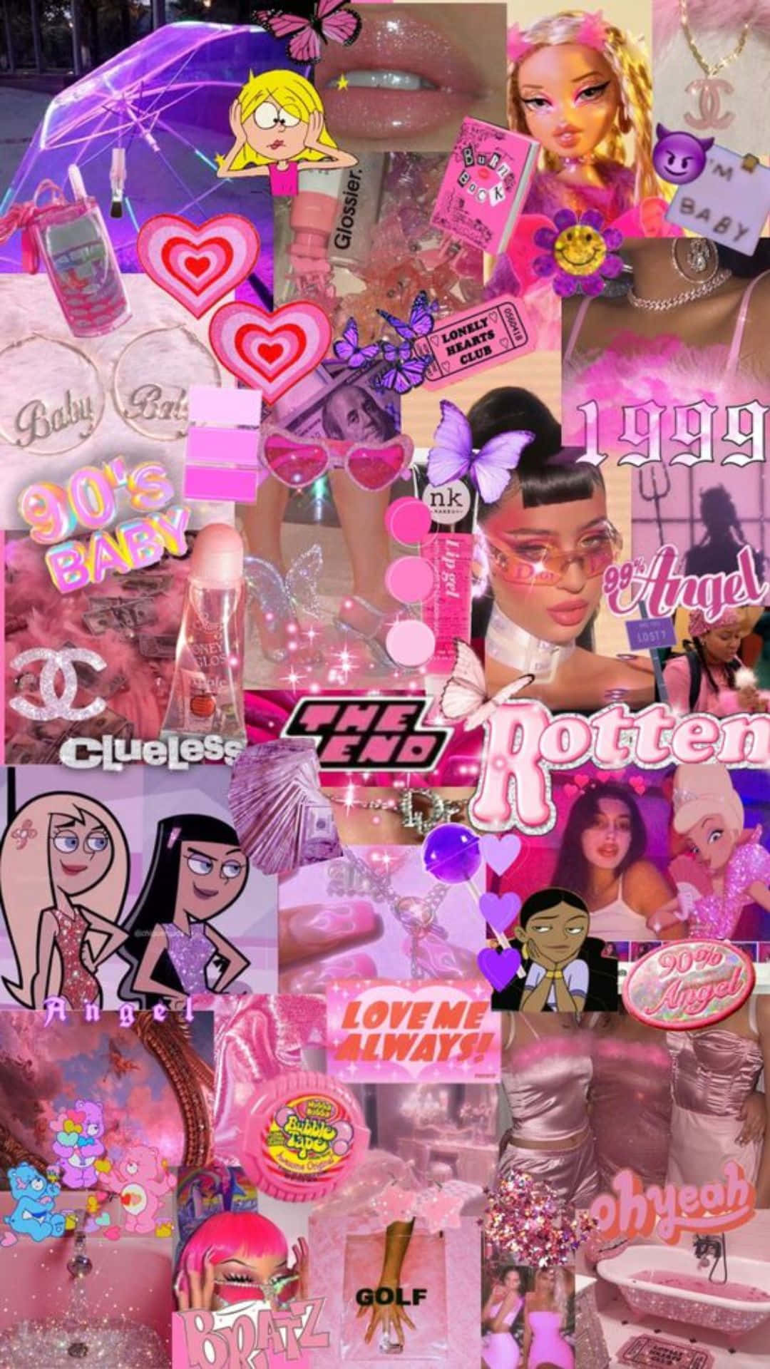 Bratz 桌布 壁紙 — 一幅充滿活力的粉紅色拼貼畫， featuring 90 年代流行文化偶像、閃爍的心形和懷舊紀念品，佈局混亂卻時尚。