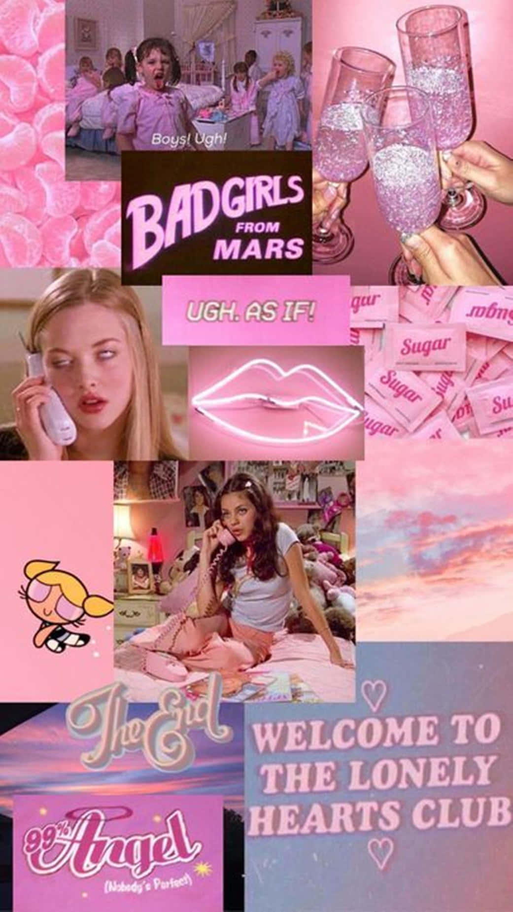 Baddie Girl 桌布 壁紙 — 一幅充滿活力的粉紅色拼貼畫，以流行文化圖標、名言和閃閃發光的香檳杯為特色，背景是夢幻般的天空。