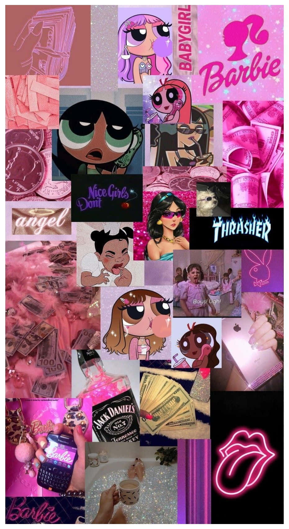 Bad Aesthetic 桌布 壁紙 — 一幅充滿活力的粉紅色拼貼畫，以閃亮混亂的風格呈現芭比、飛天小女警、金錢和流行文化圖標。