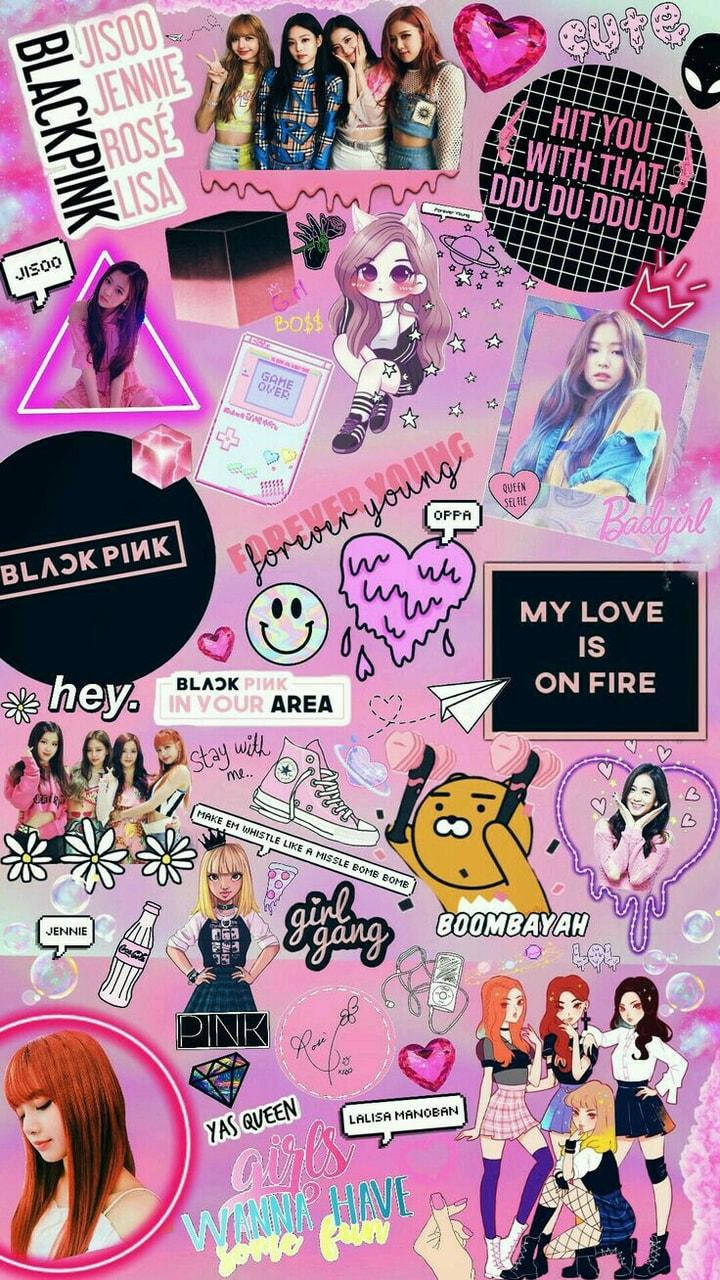 Blackpink粉絲拼貼畫，在粉紅色背景上帶有貼紙、動漫藝術和流行文化元素。 — Blackpink 動畫 GIF 壁紙