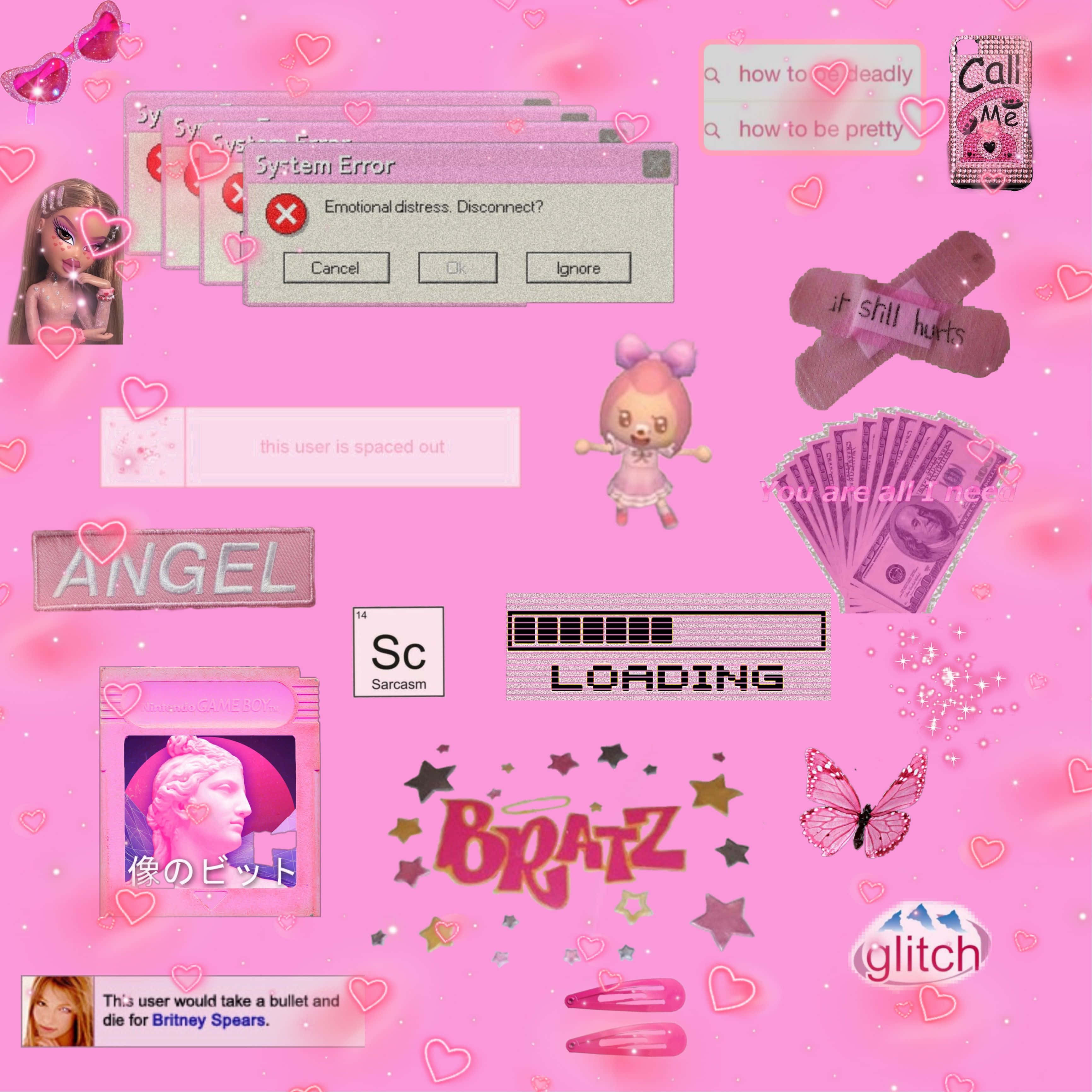 Bratz 桌布 壁紙 — 一幅充滿活力的粉紅色數位拼貼畫，包含 Bratz 娃娃、故障藝術心形和流行文化迷因，帶有懷舊的賽博龐克美學。