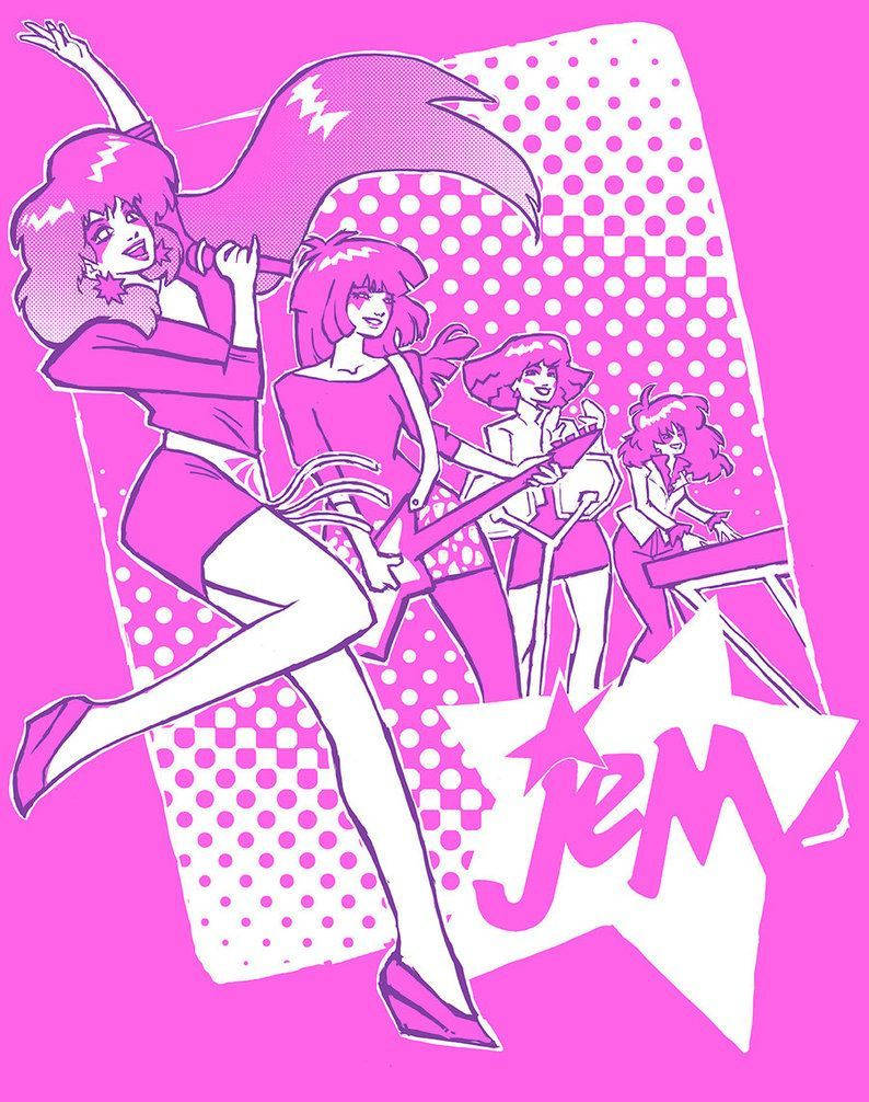 音樂 桌布 壁紙 — 一幅充滿活力的粉紅色普普藝術插圖，描繪了Jem and the Holograms樂團以動感姿勢和鮮明的半色調圖案表演。